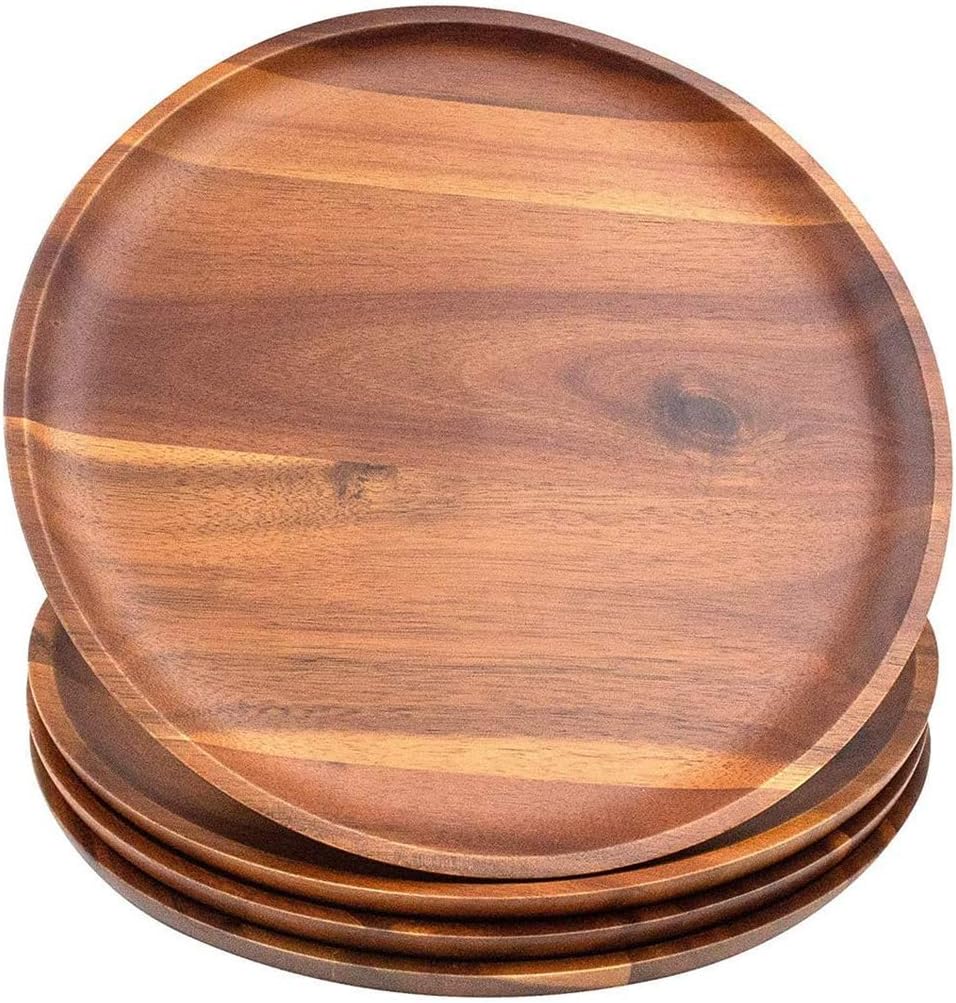 AIDEA Acacia Wood Food Serving Charger Plates - 11 inch Set of 4 Round Wooden Dishes Snack Plates