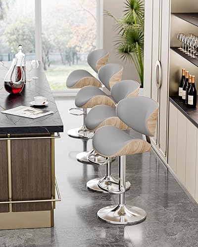 Miniatura 8 de Juego de 2 taburetes de bar ajustables de cuero giratorios para isla de cocina, sillas de bar modernas de mediados de siglo, taburetes de bar con