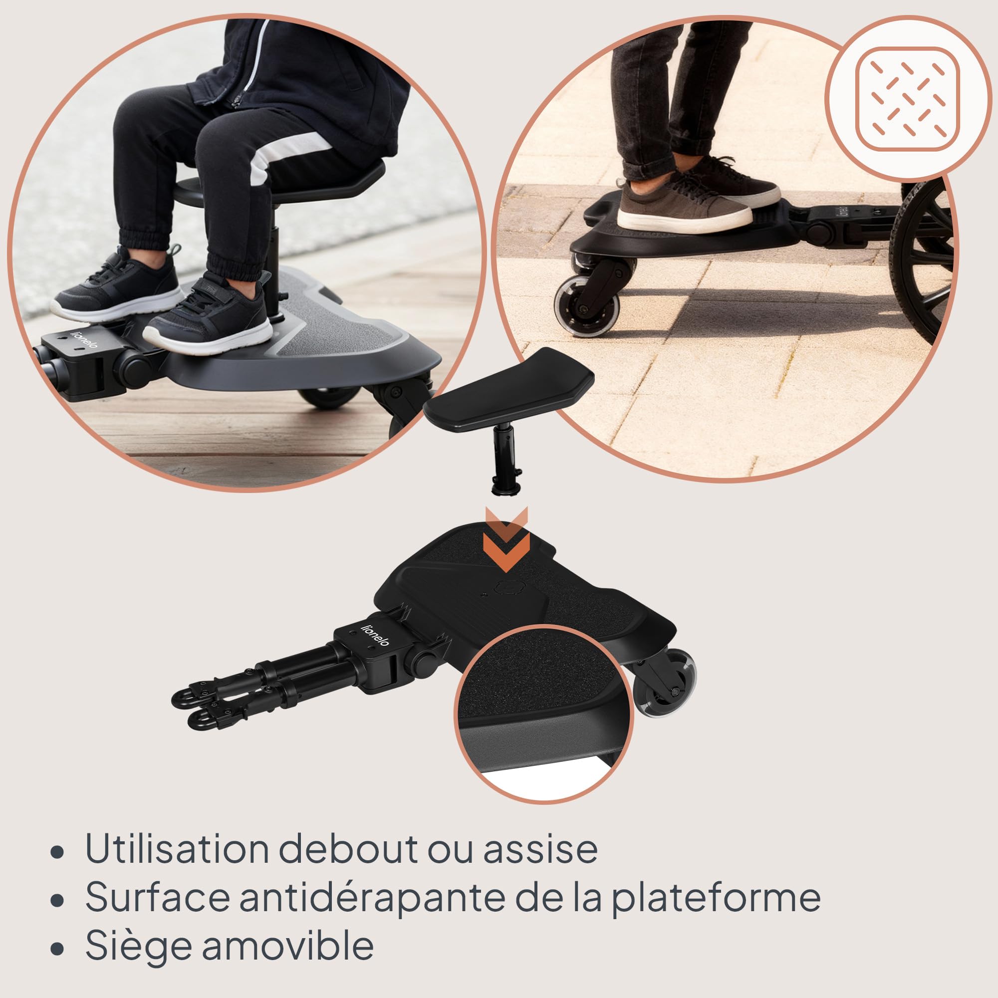 LIONELO Buggy Board Planche 2 en 1 pour poussette avec siège amovible, ajustement universel, absorption des chocs, roues LED, jusqu'à 25 kg, pour enfants de 2 à 5 ans