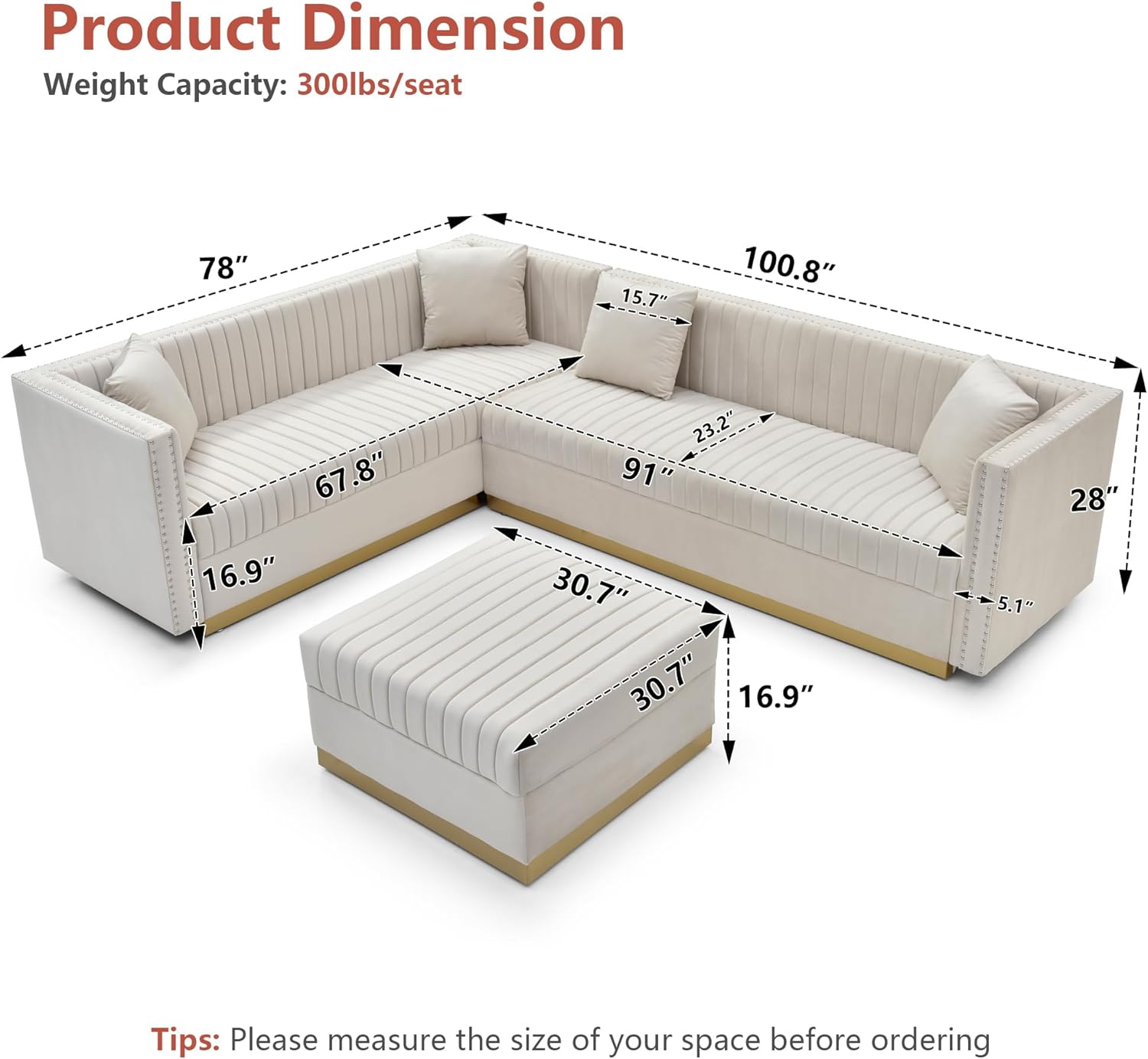 mikibama Luxury Velvet Sofa Set for Living Room, 101'' Modern Upholstered Vertical Channel Corner Couch with Movable Ottoman and 4 Pillows for Apartment, Hall (Beige)