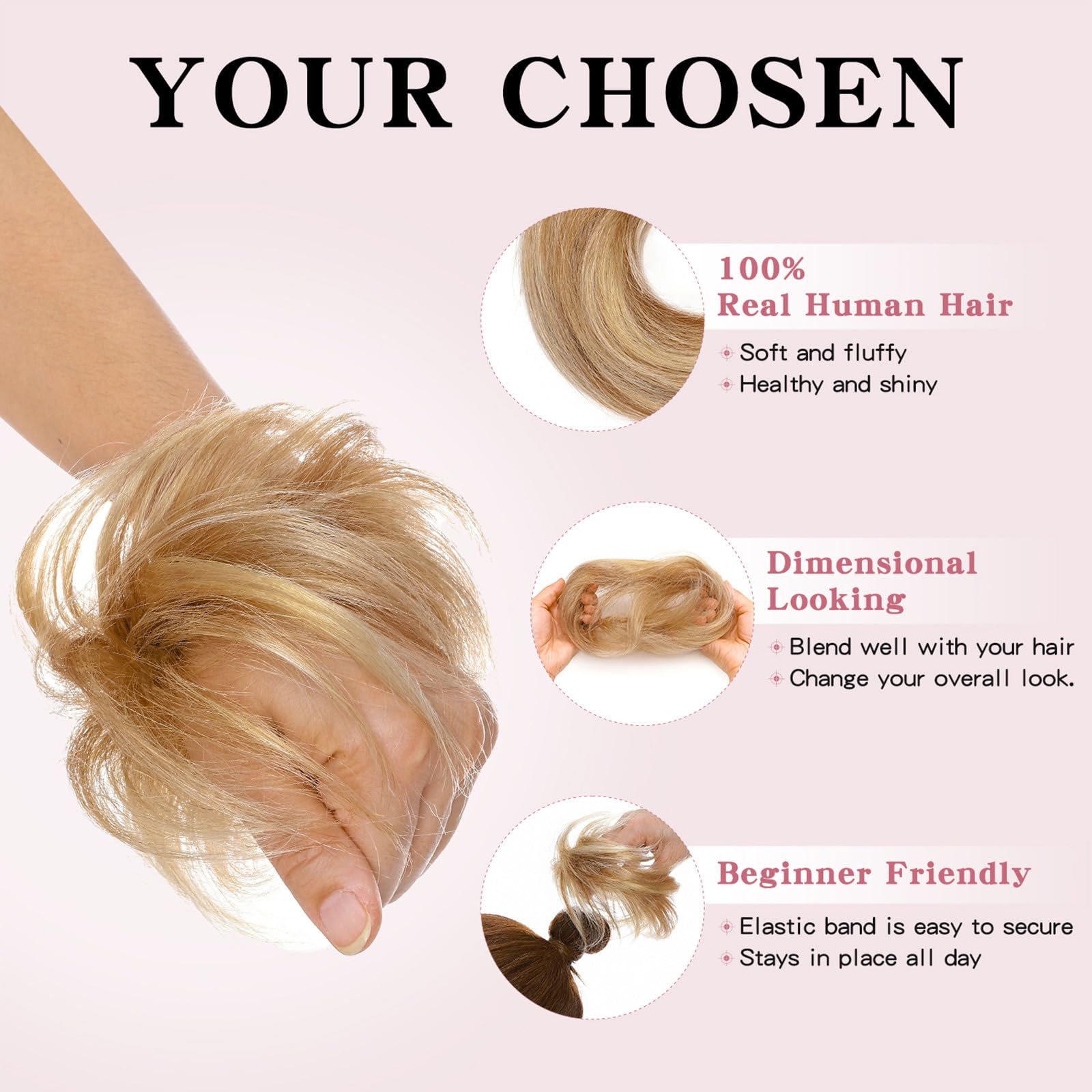TESS Real Human Hair Bun Elastic Easy Scrunchies Hairpiece Updo Ponytail Extensions Hair Accessories for Women UK #12P613 Golden Brown & Bleach Blonde - Image 2