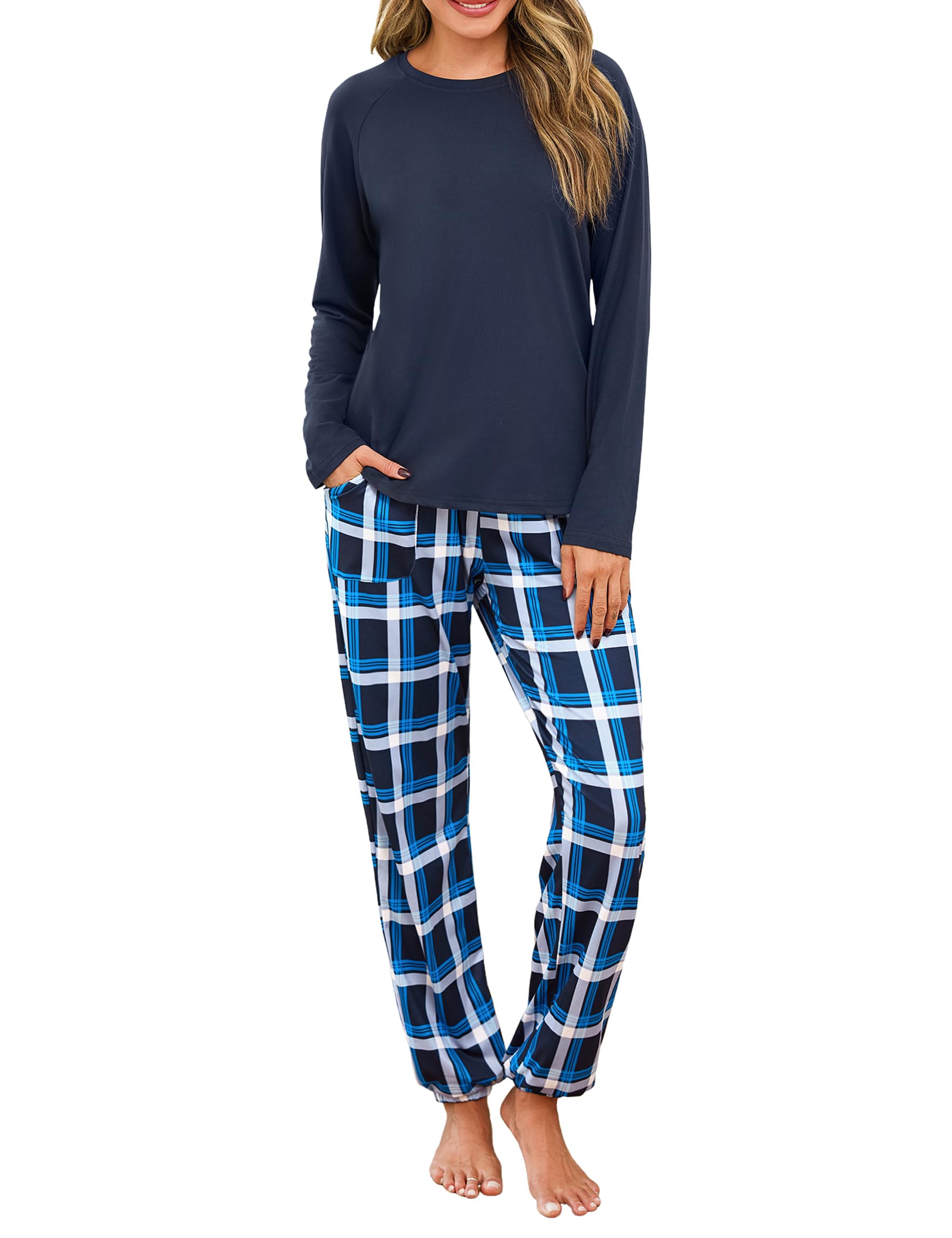Uniexcosm Schlafanzug Damen Lang Zweiteiler Pyjama Set Rundhals Oberteil und Karierte Pyjamahose Herbst Winter Loungewear für Frauen