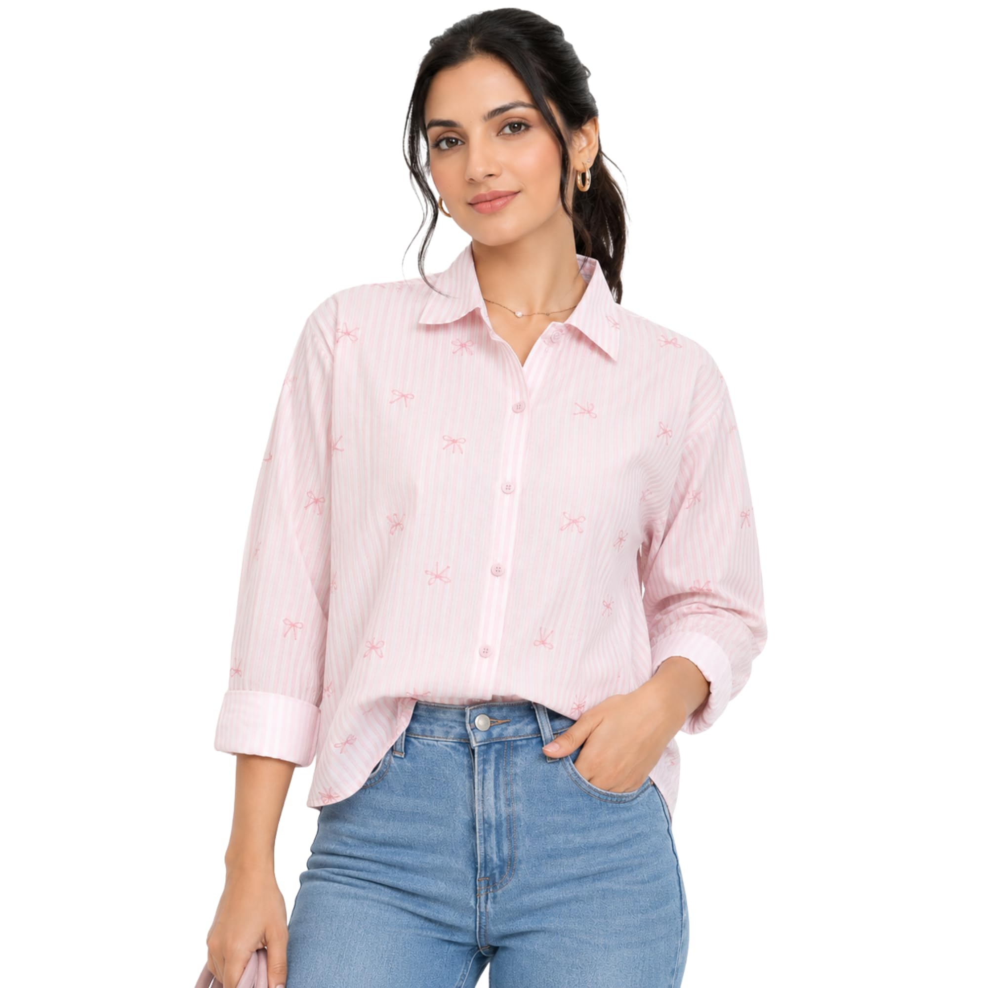 leemadi trendz Women’s Premium Cotton Striped Shirt with Elegant Bow Embroidery | Relaxed Fit Full Sleeve Collared Top for Casual | Office & Everyday-picture-50
