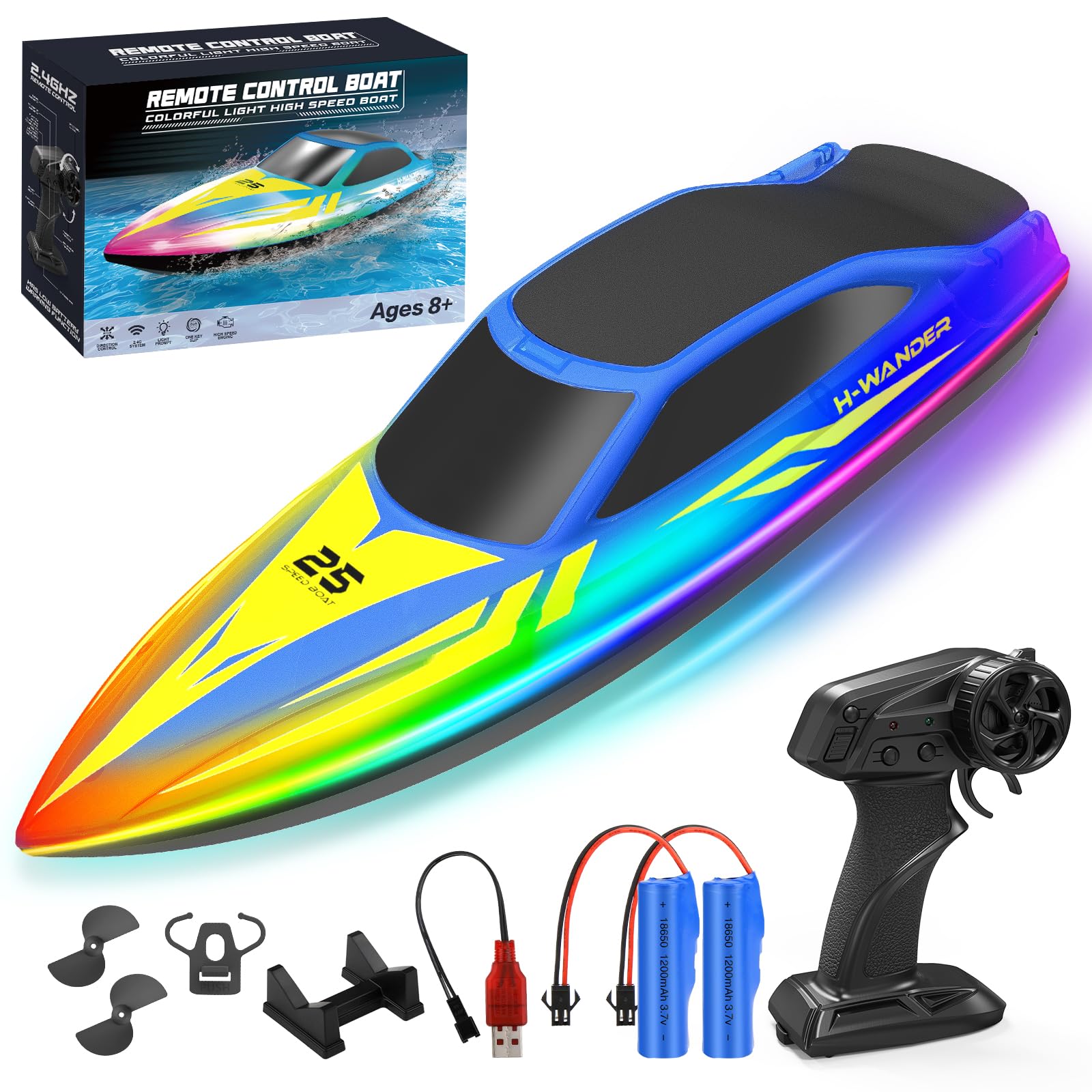 WUQNGI Barco Teledirigido Profesional con Luces LED de 7 Modos, Lancha Teledirigida de Alta Velocidad para Niños y Adultos, Barco RC para Piscina y Lago, 2 Baterías 120 Min, 2.4GHz, Autoadrizable - 2