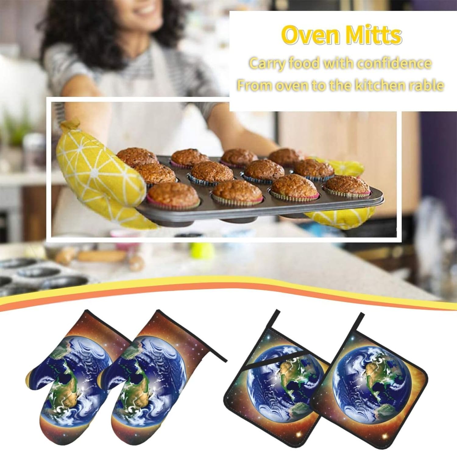 Cosmic Earth Oven gloves and heat-resistant mat 4-piece set. Suitable for grilling, microwave oven frying, and baking