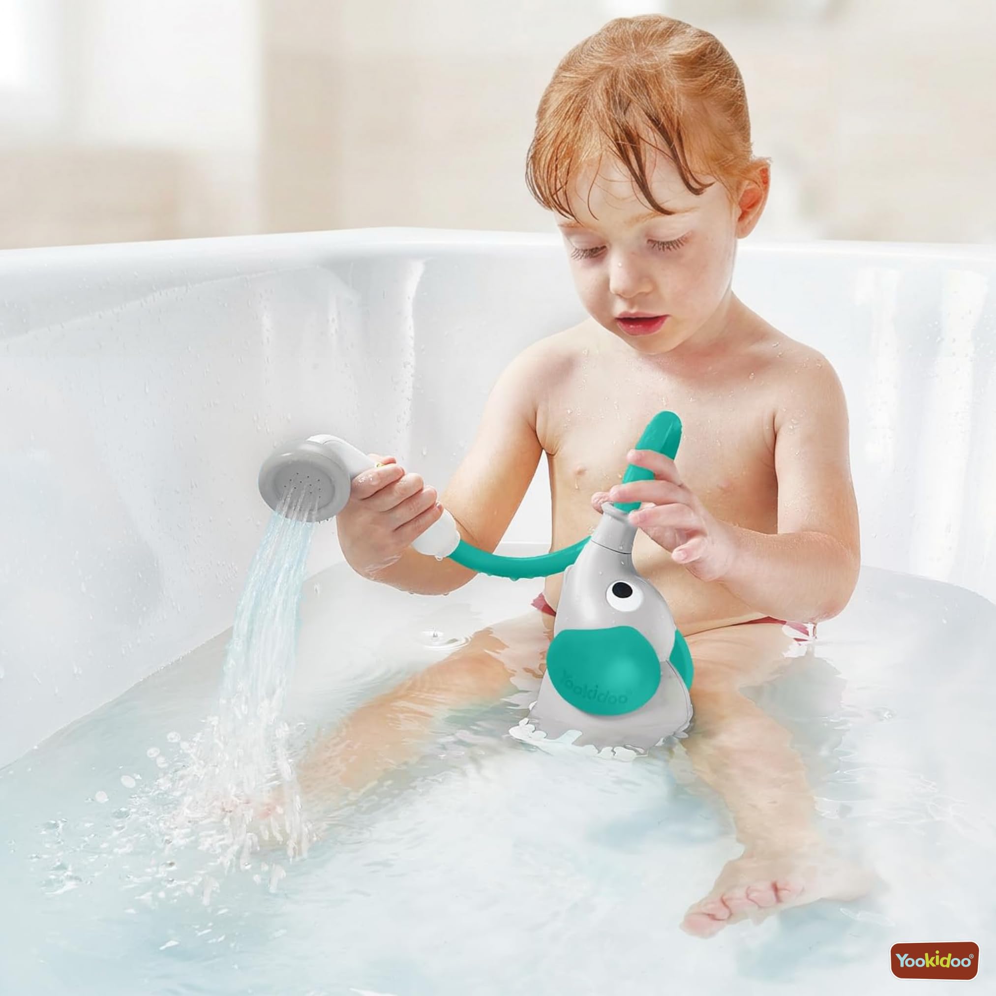 Yookidoo – Ducha de baño elefante gris y verde – Juguete de baño para bebé – Juego de baño y ducha despertar de los sentidos – Manguera de rociador de juguete de baño para bebé – Regalo de bebé de 0 a