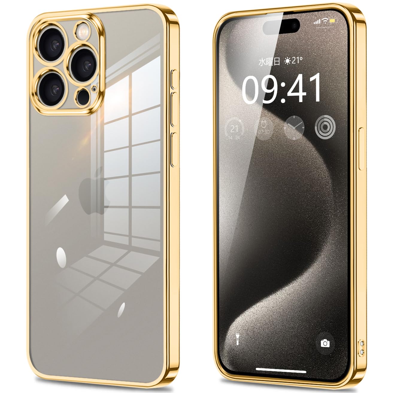 fuweisitong 用の iPhone15 Pro Max ケース クリア カメラ保護 薄型 TPU 軽量 変形防止 人気 スリム ソフト アイフォン 15 Pro Max カバー 衝撃吸収 ストラップホール付き(ゴールド)