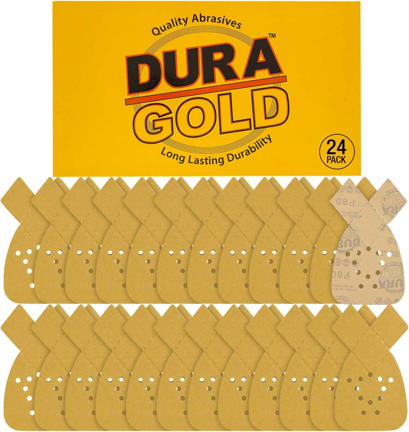 Dura-Gold Premium Mouse Detail Sander Sandpaper Sanding Sheets - 80 Grit (Box of 24) - 12 Hole Pattern Hook & Loop Triangle Shaped Mouse Discs - Fits Black and Decker, Woodworking Wood Crafting, Auto