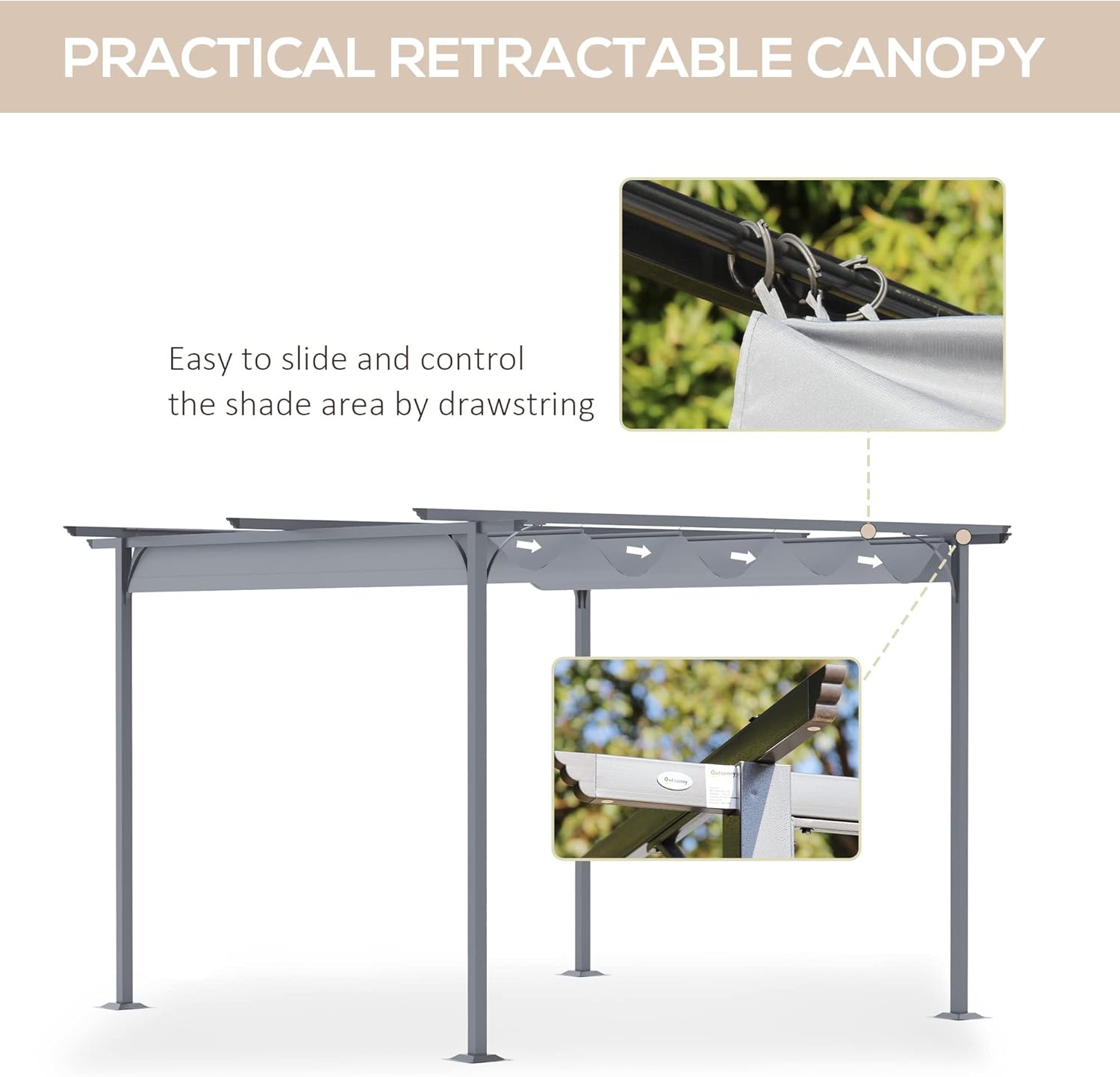 Gray Steel Retractable Pergola Canopy with UV Protection
