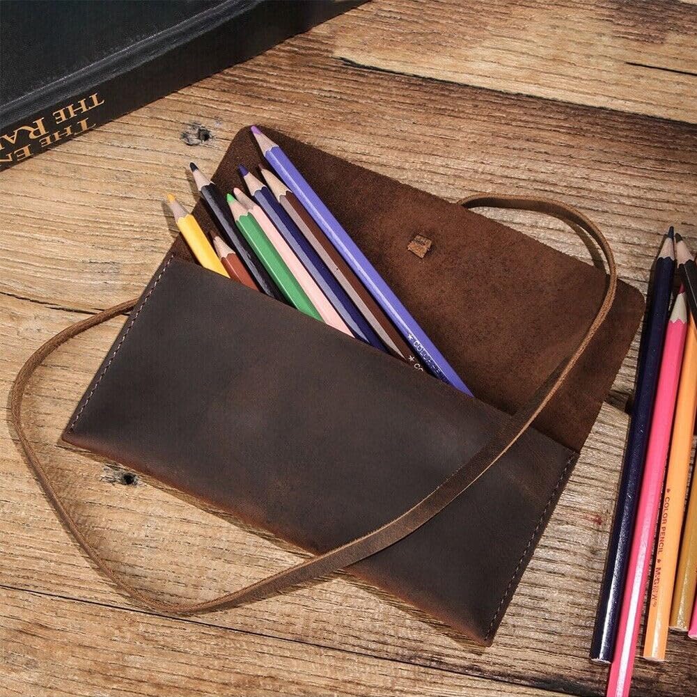 Retro Crazy Horse Leather Roll Up Pencil Case Pen Pouch Sunglasses Storage Bag - Image 3