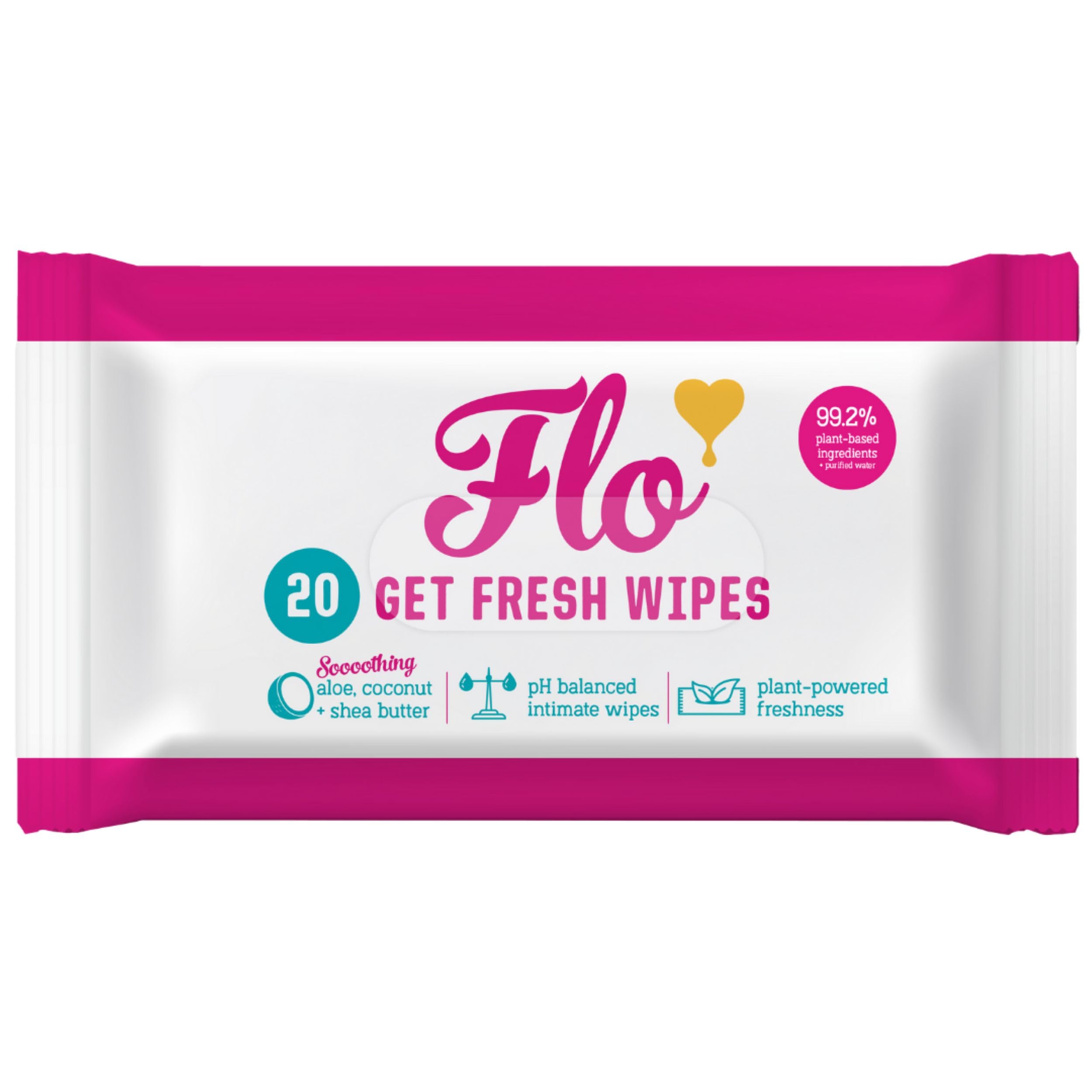Flo - Get Fresh Wipes (20 Count, Pack of 1) pH Balanced Feminine Wipes - Super Soft - Soothing Aloe Vera, Coconut, Shea Butter - Sensitive Skin Friendly - Made with Plant Cellulose - Vegan Friendly