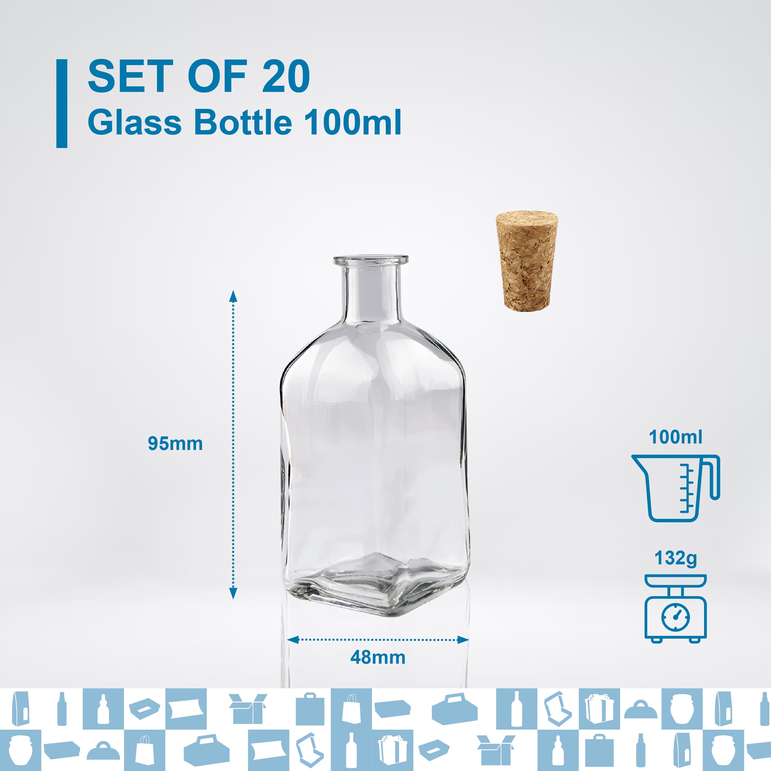 Espirito Rebelde 20 bottiglie quadrate in vetro, 100 ml, con tappo in sughero, mini bottiglia per liquori, whiskey, rum, vino - fiaschetta pozione magica, ideali per campioni e ricordi