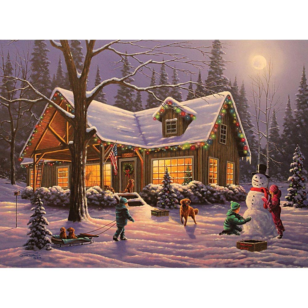 Bits and Pieces 1000 Parte Glow in The Dark tradizioni Puzzle Famiglia Artista Geno Popoli Inverno Natale Chalets 1000 Pc Glow Puzzle