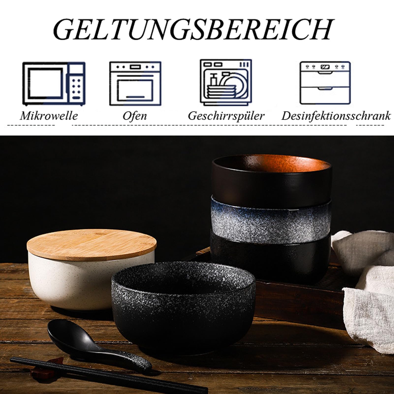 Ramen Schüssel Keramik Set mit Löffel Essstäbchen,Japanisches Suppenschüssel,Salatschüsseln Für Suppe, Pho und Sushi Bowl 1000ML Keramik Suppenschüssel Ramen Bowl Set,C4