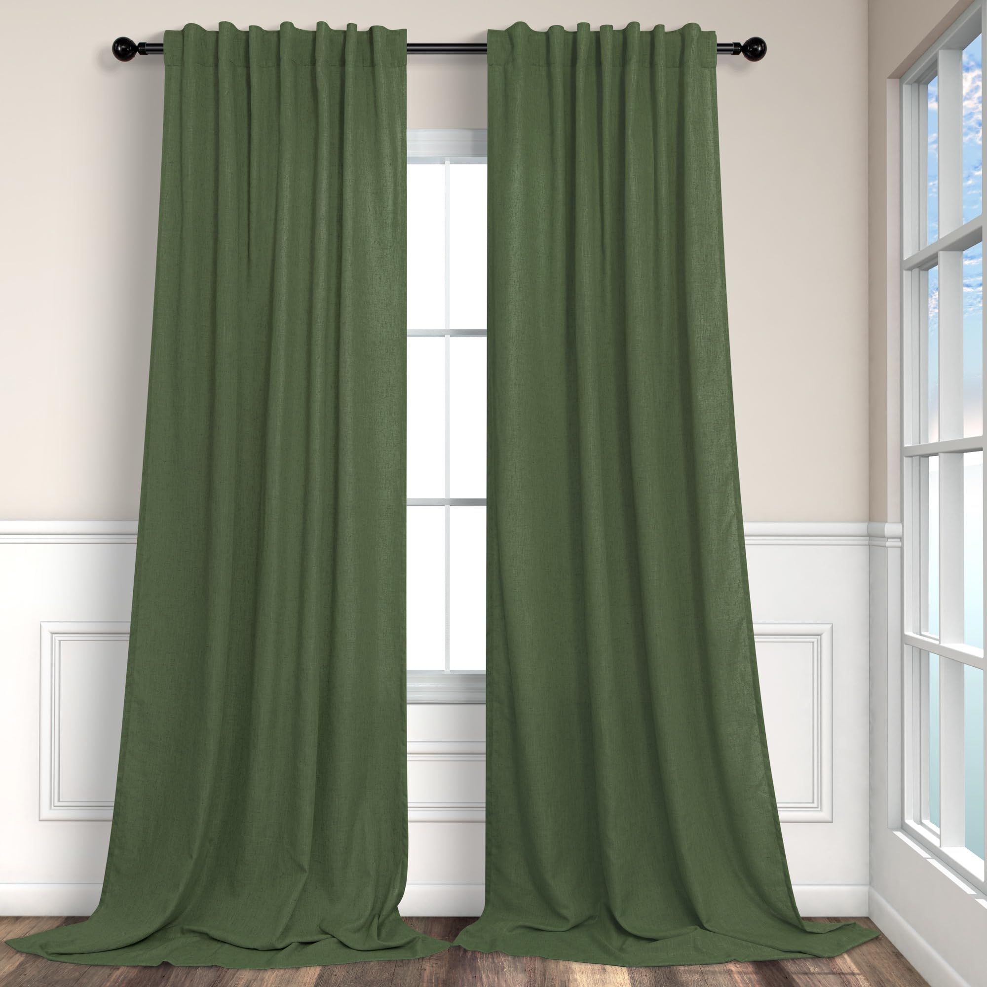 olive green linen curtains 84 inch length for living room 2 panels back tab pocket moss green boho drapes light filtering sheer cotton neutral aesthetic army green boho curtains for bedroom 52x84 long