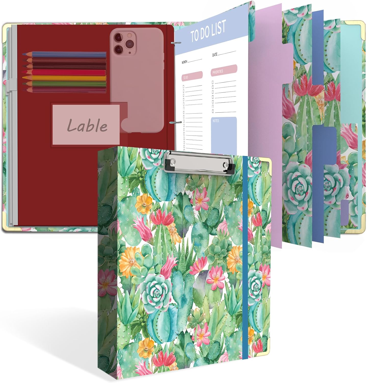 3 Ring Binder, 1 Inches Round Ring Binder with Clipboard, Dividers Tabs, PVC Zipper Bag Sleeves & to Do List Planners, Decorative Binder for School, Office Supplies-Cactus Flowers