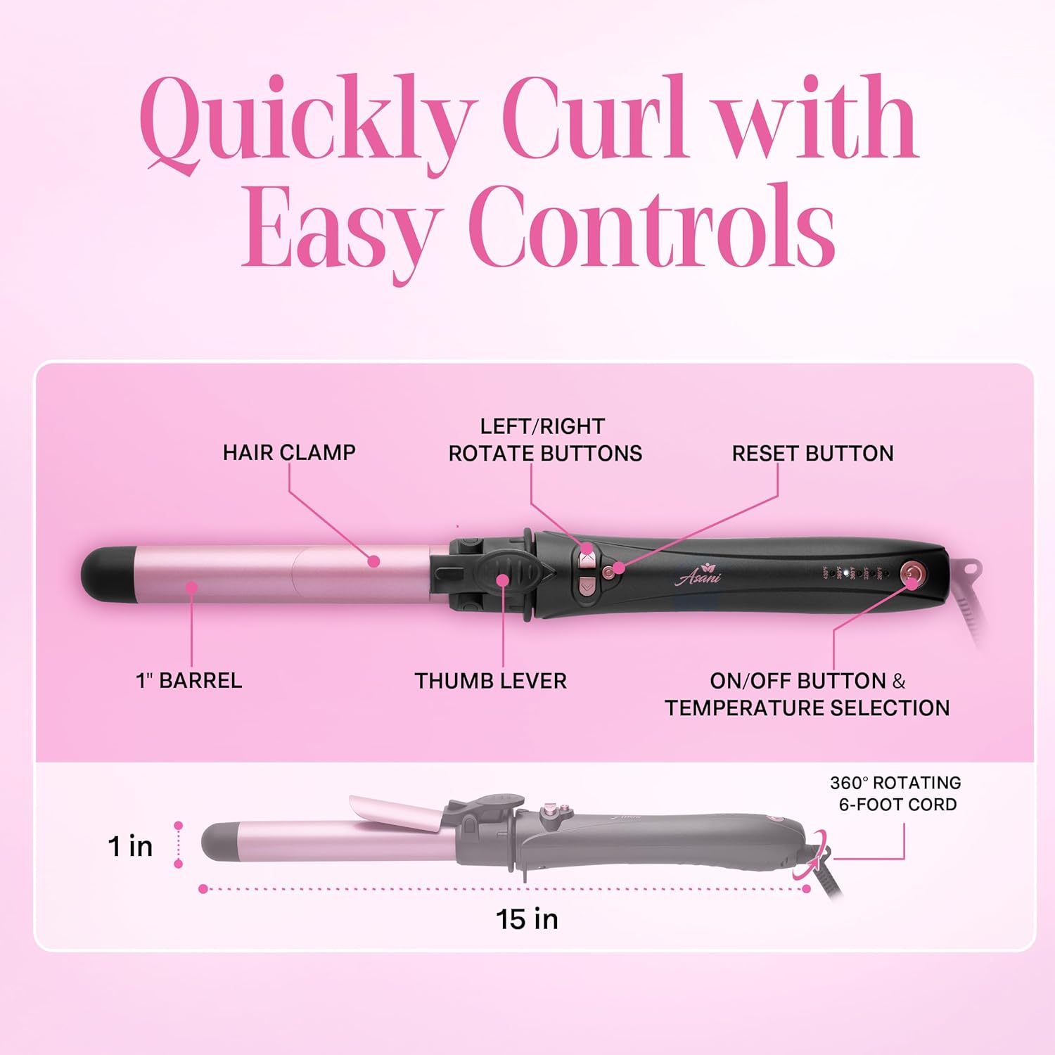 Asani 1 Inch Rotating Curling Iron - Automatic Curling Wand with Instant Heat, Adjustable Temp up to 430°F for All Hair Type, Medium or Long Hair - Dual Voltage Hair Curler for Lasting Beach Waves