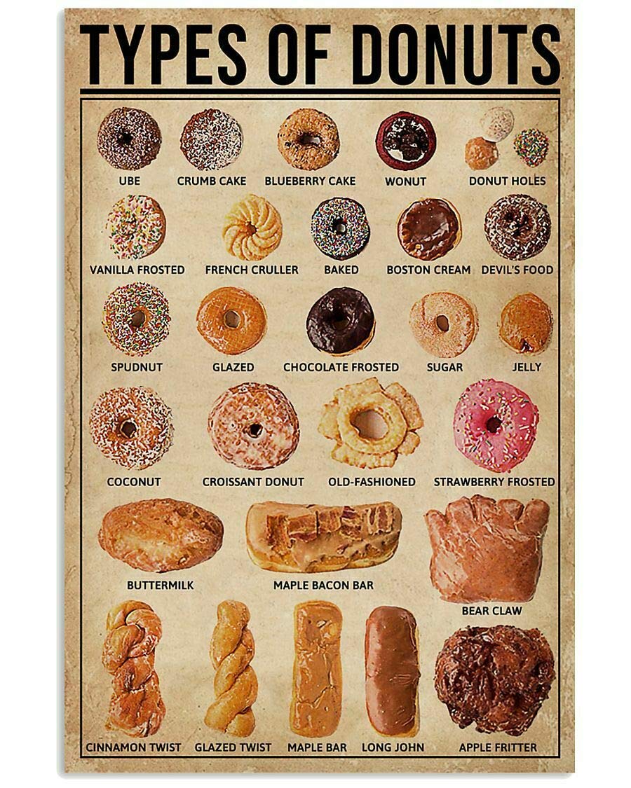 peiyeety Donut Knowledge Metal Signs Types Of Donuts Posters Room Decor Club Kitchen Cafe Wall Decor Gifts 8" x 12"