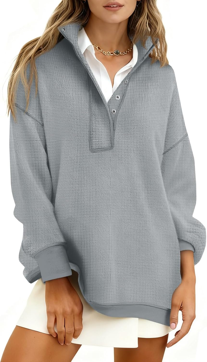 Fisoew Womens Waffle Knit Oversized Sweatshirt Casual Snap Stand Collar Long Sleeve Pullover Tops Fall Travel Outfits