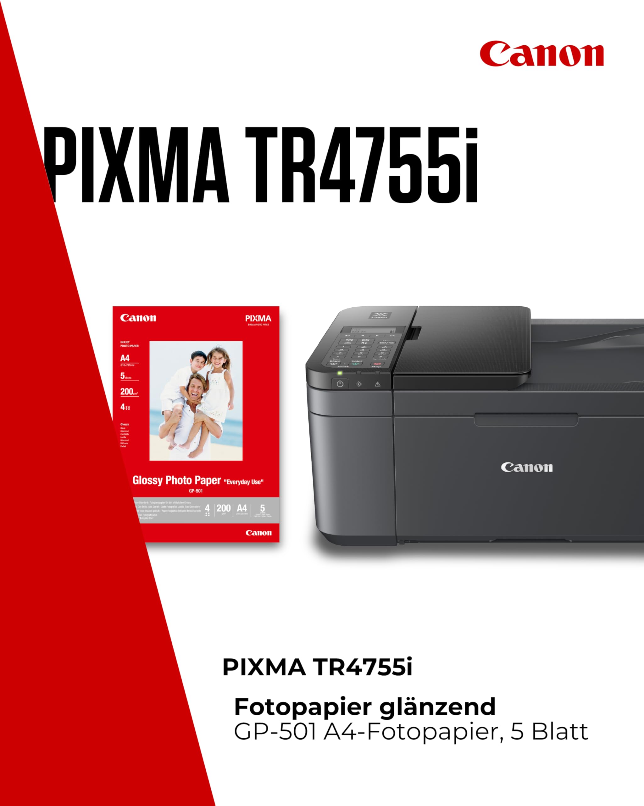 Canon PIXMA TR4755i Multifunktionsdrucker 4in1 (Tintenstrahl, Drucken, Kopieren, Scannen, Faxen, A4, 20 Blatt ADF, kompatibel mit Pixma Print Plan) schwarz - Enthält GP-501 A4-Fotopapier, 5 Blatt