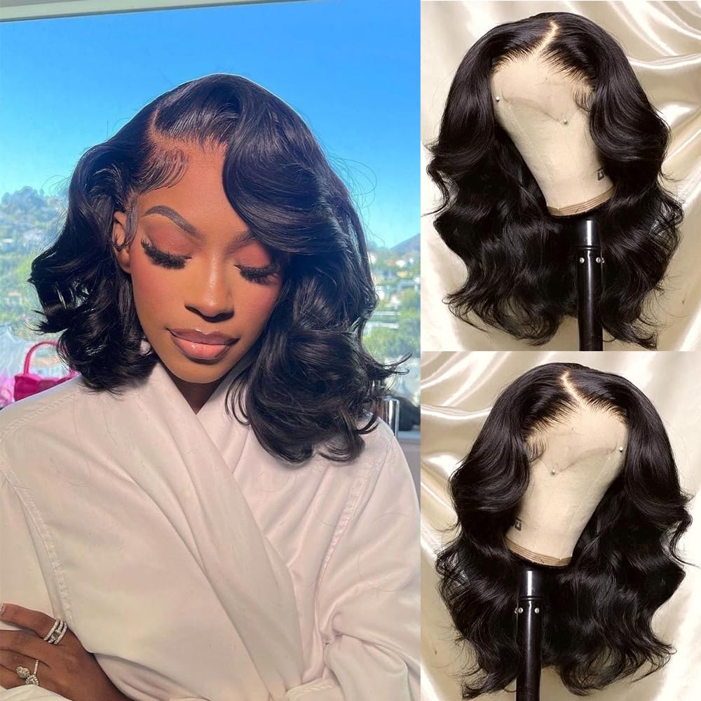 YINGRUNBob Wig Human Hair 13x4 Frontal Lace Wig 14 Inch Body Wave 180% Density HD Transparent Lace Front Wigs Human Hair Wigs for Black Women Pre Plucked Natural Black