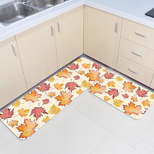 Miniatura 3 de Juego de 2 alfombras de cocina con hojas de arce, diseño de acuarela de Acción de Gracias, hojas de arce, decoración de otoño, antideslizante,