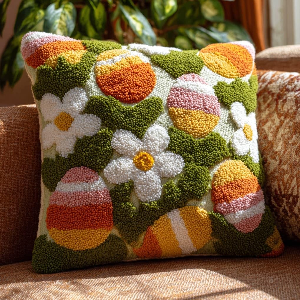 WallustrioaW Latch Hook Cushion kit,Easter Eggs in the Flower Bushes,DIY Rug Cushion kit - Latch Hook Pillow for Beginners - Christmas Craft Activity,17x17in