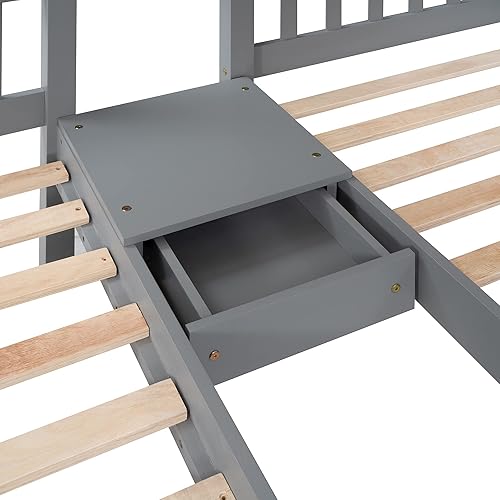 Miniatura 103 de Litera triple de madera maciza con cajones de almacenamiento y escalera, base de litera resistente con barandillas de protección para niños y