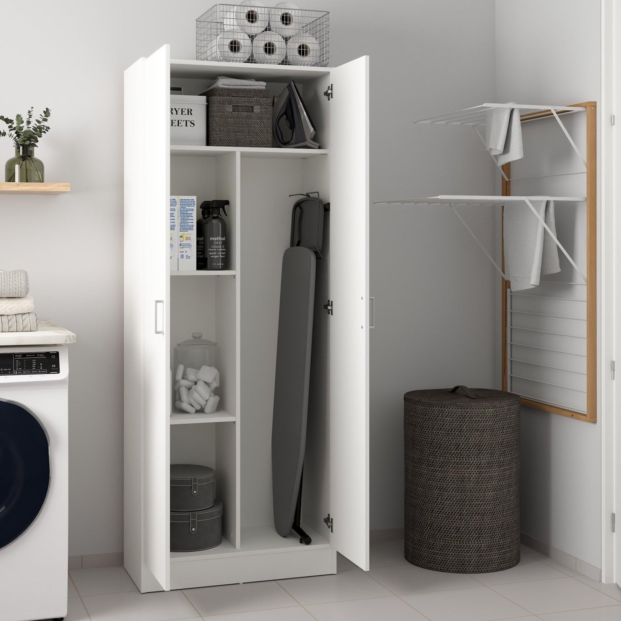 Dmora - Armadio multiuso 2 ante Charleston, Mobile porta scope, Scarpiera con ripiani, Guardaroba porta scarpe, cm73x37h180 cm, Bianco