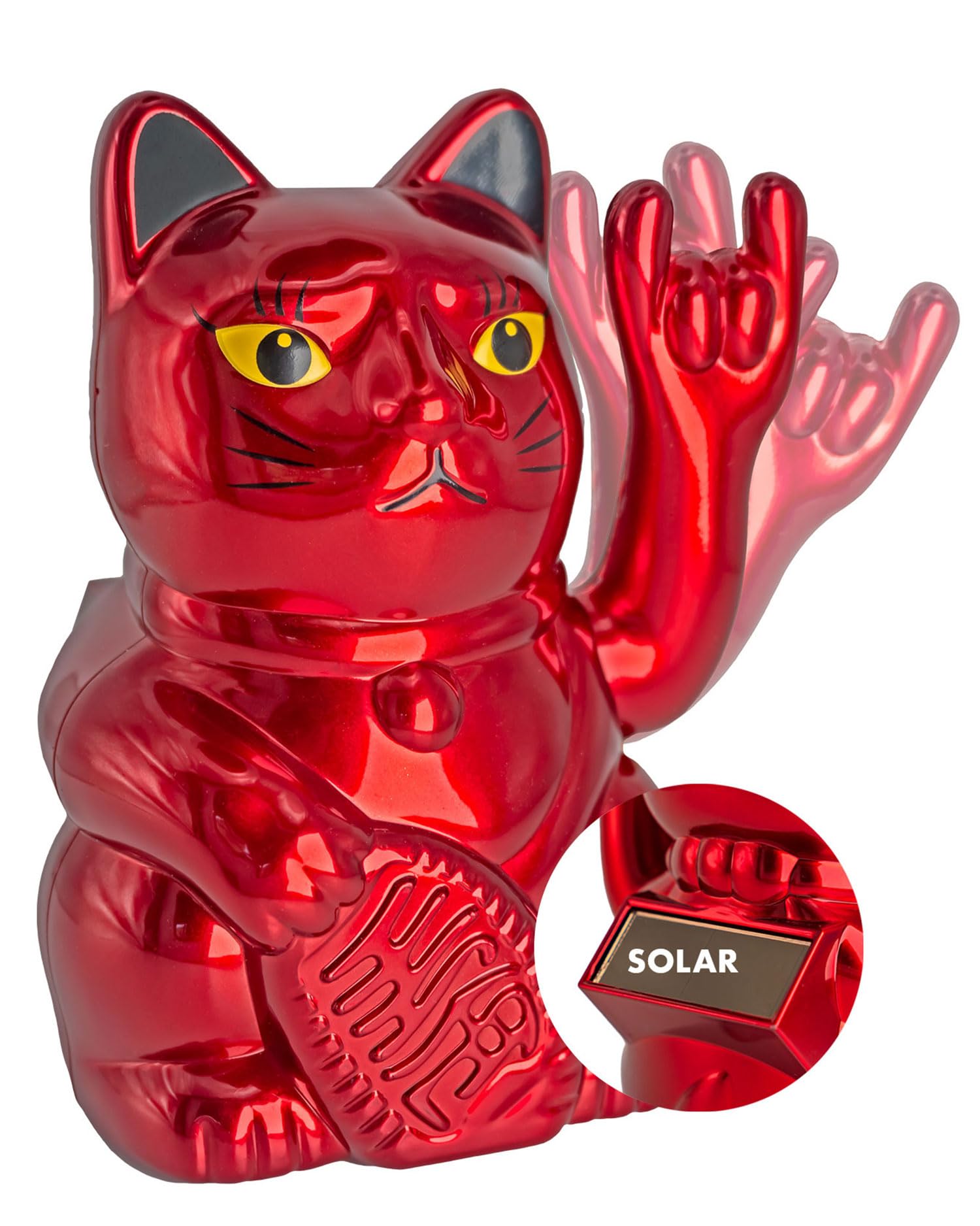 ANGRY CAT Mini Lucky Cat Solar Powered Funny Waving Rock Cat with Heavy Metal Sign Decorative Wobble Figure with Waving Arm 10 cm Metallic Red