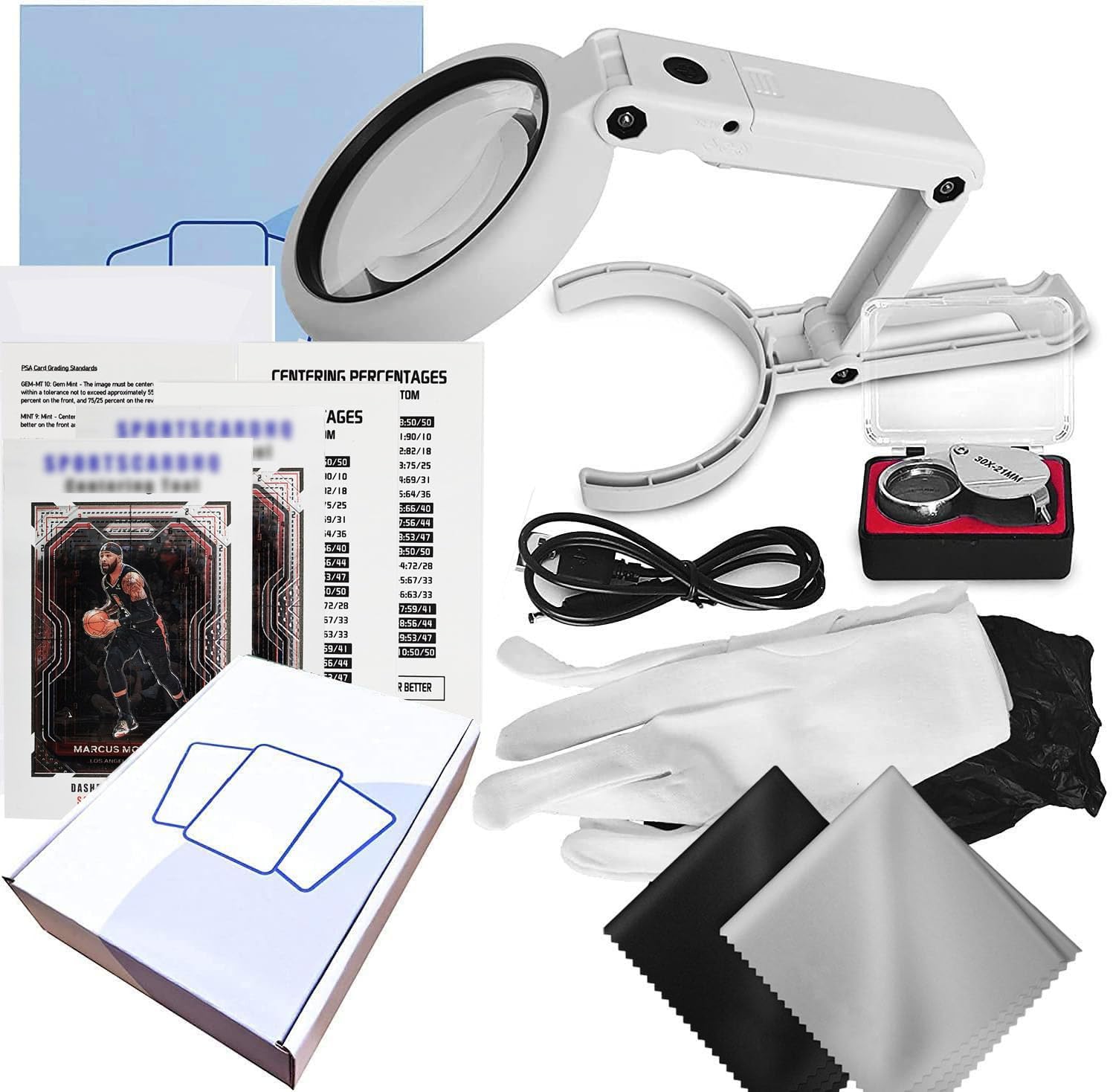 Collection Cards Grading Kit Centering Tool, LED Magnifying Table Lamp, 30X Magnifying Glass, Sports Trading Cards Measuring Set
