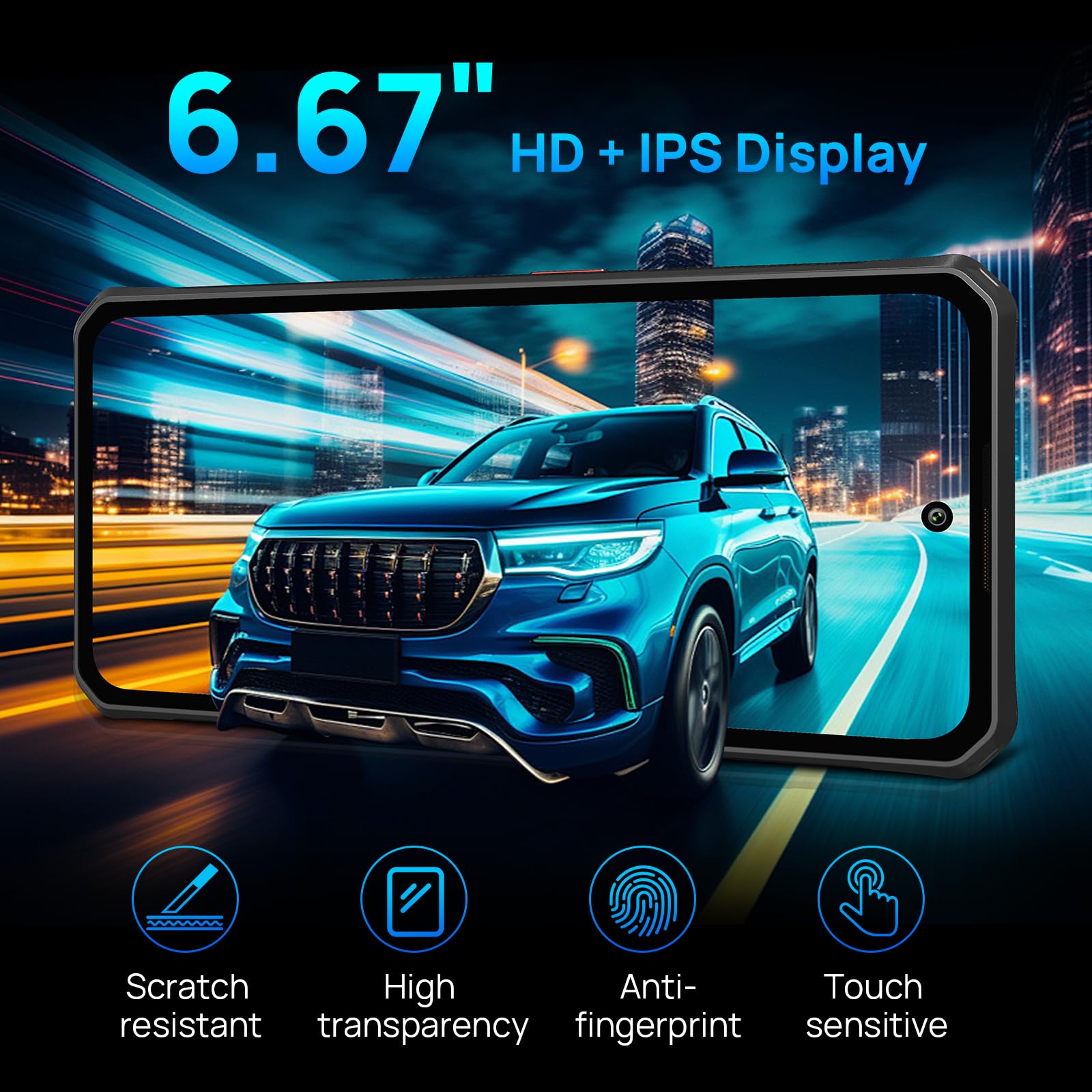 FOSSiBOT F114 Téléphone Portable Incassable Android 15, 16Go+128Go/2 to TF Smartphone, 50MP Caméra, 6,67'' HD Écran Musique Breathing Light Telephone de Chantier - Dual SIM/GPS/NFC/Face ID (Noir)