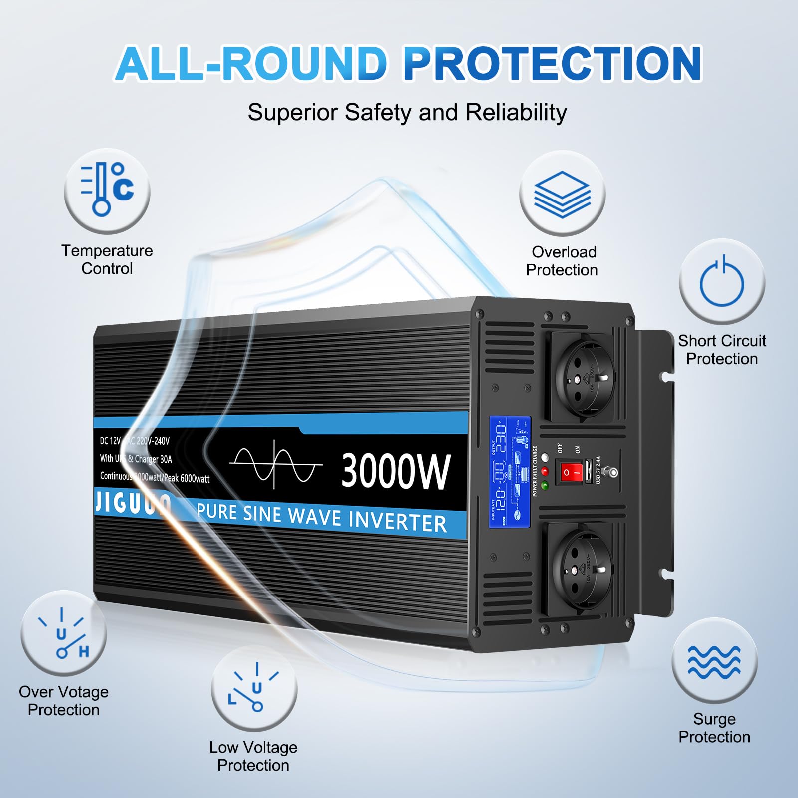 JIGUUN Przetwornica napięcia sinusoidalnego 3000 W, 12 V, 230 V, z ładowarką 30 A, priorytetowym układem zasilania i USV, 2 gniazdami EU, bezprzewodowym pilotem zdalnego sterowania i wyświetlaczem LCD