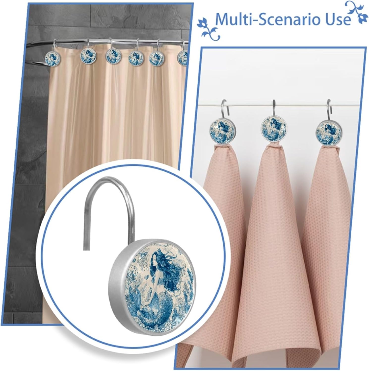 12 Pcs Shower Curtain Hooks, Elegant Mermaid Rustproof Decorative Metal Round Shower Curtain Hangers Rings for Bathroom Bedroom Living Room Rods