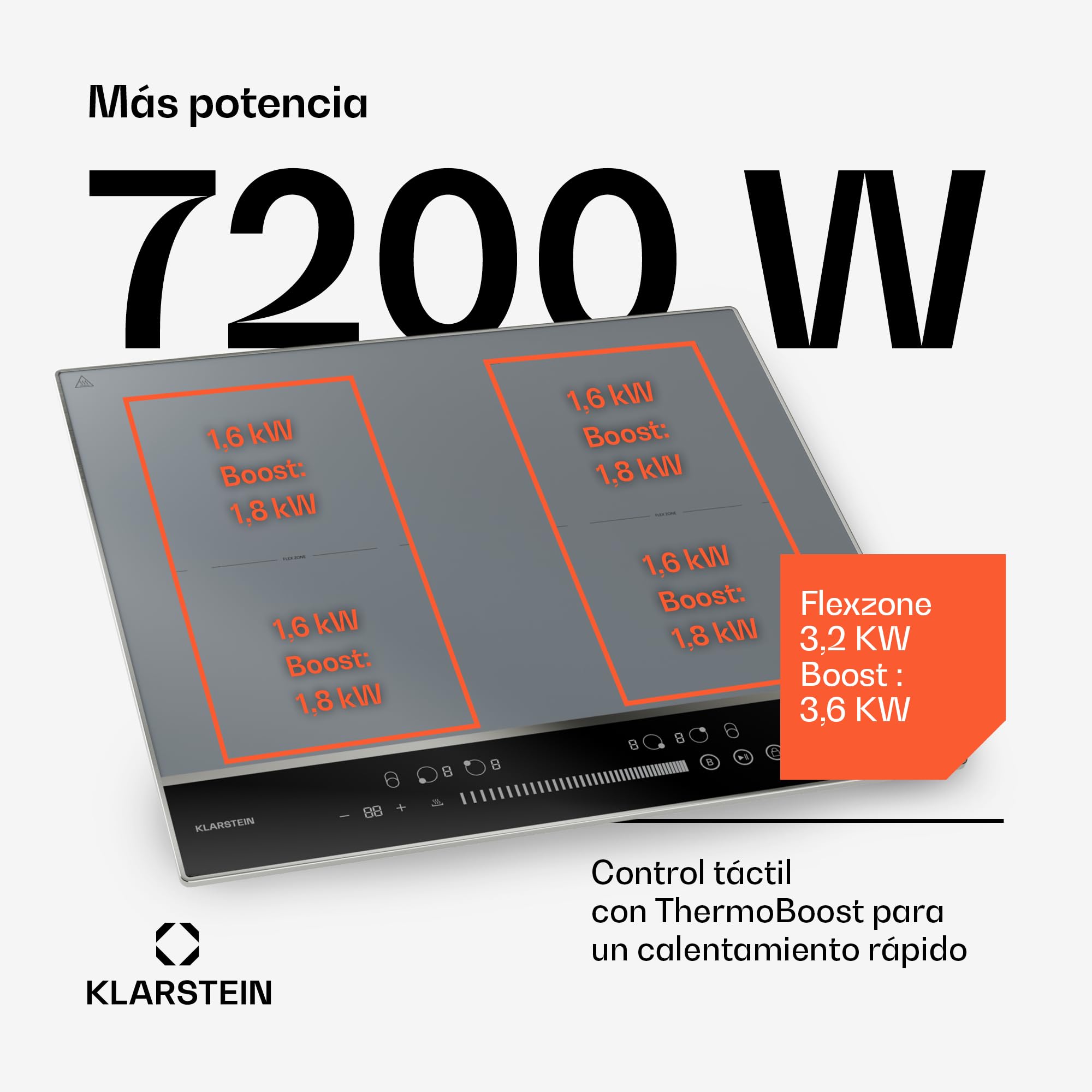 Klarstein DualTone Flex Placa Inducción - 4 Zonas Flexibles, 7200W, Control Deslizante, Thermoboost, Temporizador, Marco de Aluminio, Pantalla Led Blanca, Plateada