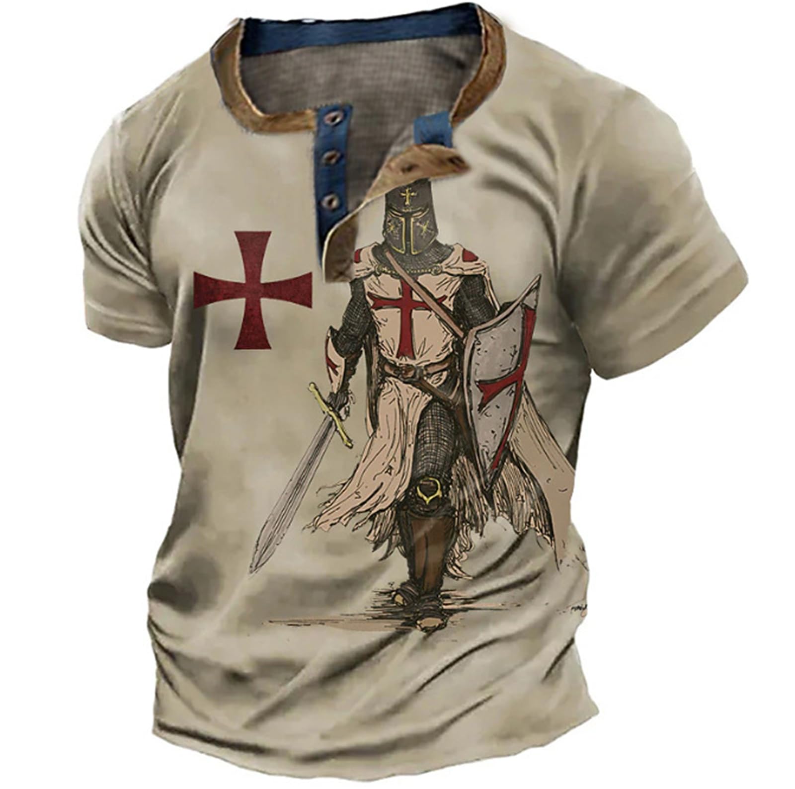 Kewing Men's # 1 Knight Templar 3D Printed T-Shirt Summer Short Sleeve V-Neck Henley Shirts Vintage Distressed Top Button Down Outdoor Street T-Shirts