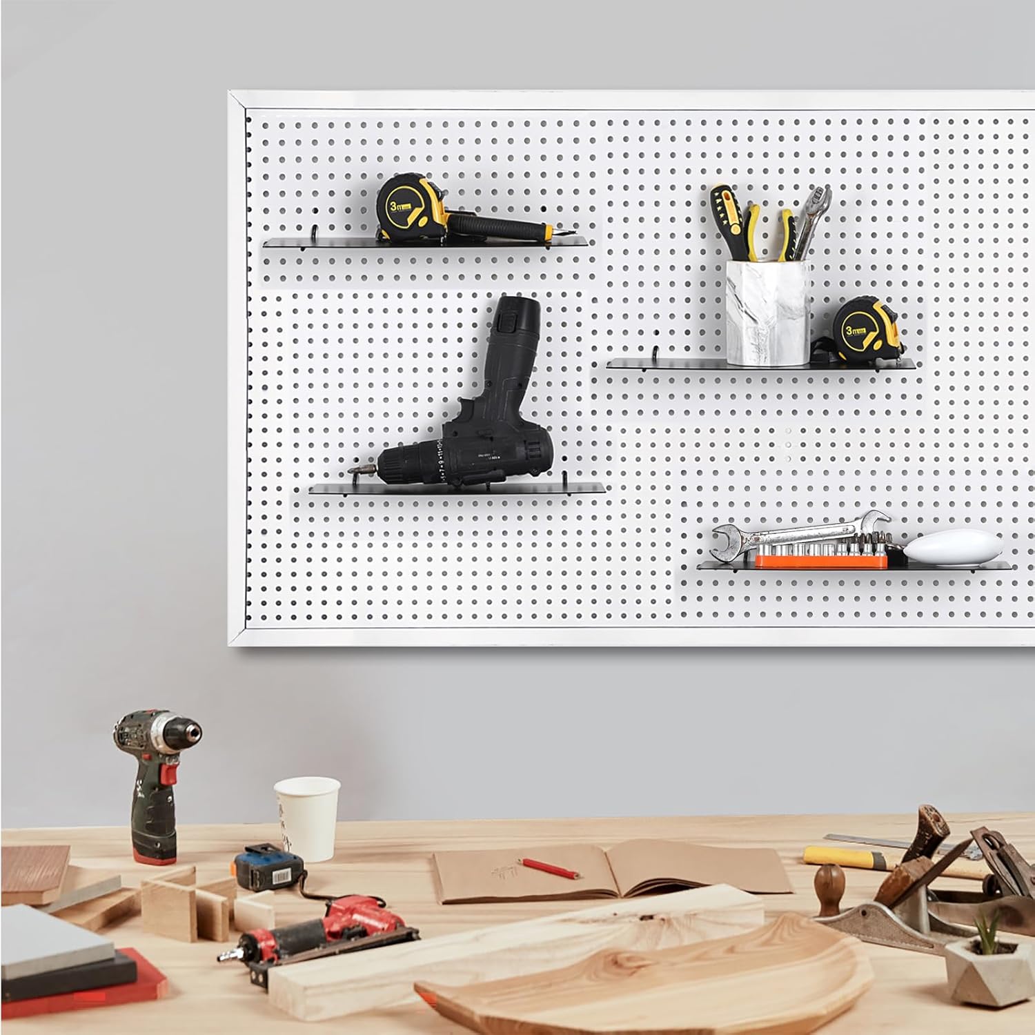 Kokone 6 Pack Pegboard Shelves for Storing or Displaying, 12x4 Inch Flat Display Shelves for Pegboard, Wall Pegboard Shelves Accessories Steel Tray for Garage Workshop Craft Room Organizer