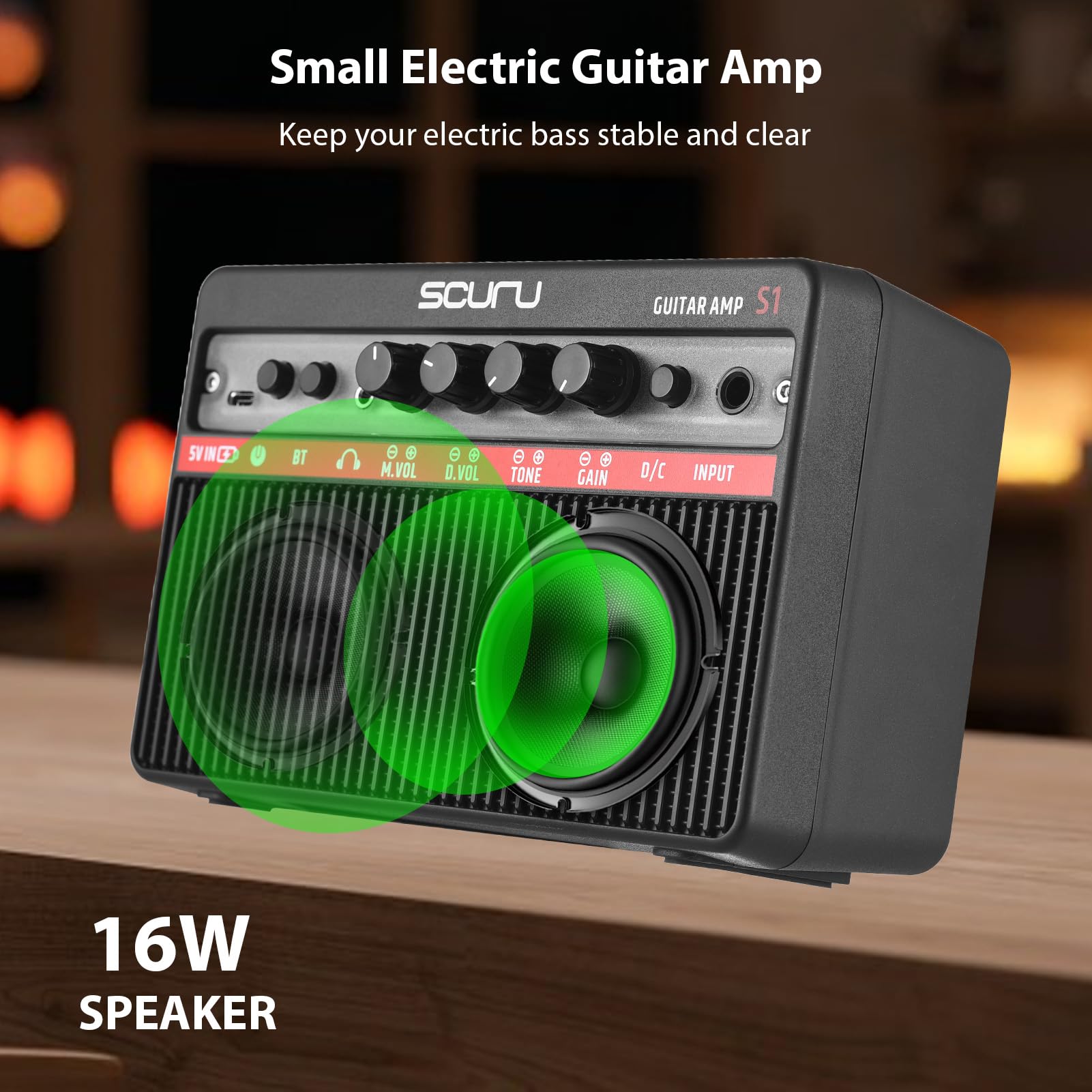 Btuty Scuru 16 W kleiner E-Gitarrenverstärker, tragbarer Gitarren-Übungs-Lautsprecher, wiederaufladbarer Verstärker, unterstützt BT/Kopfhörer-Verbindung, integrierter Verzerrungseffekt, Plug and Play