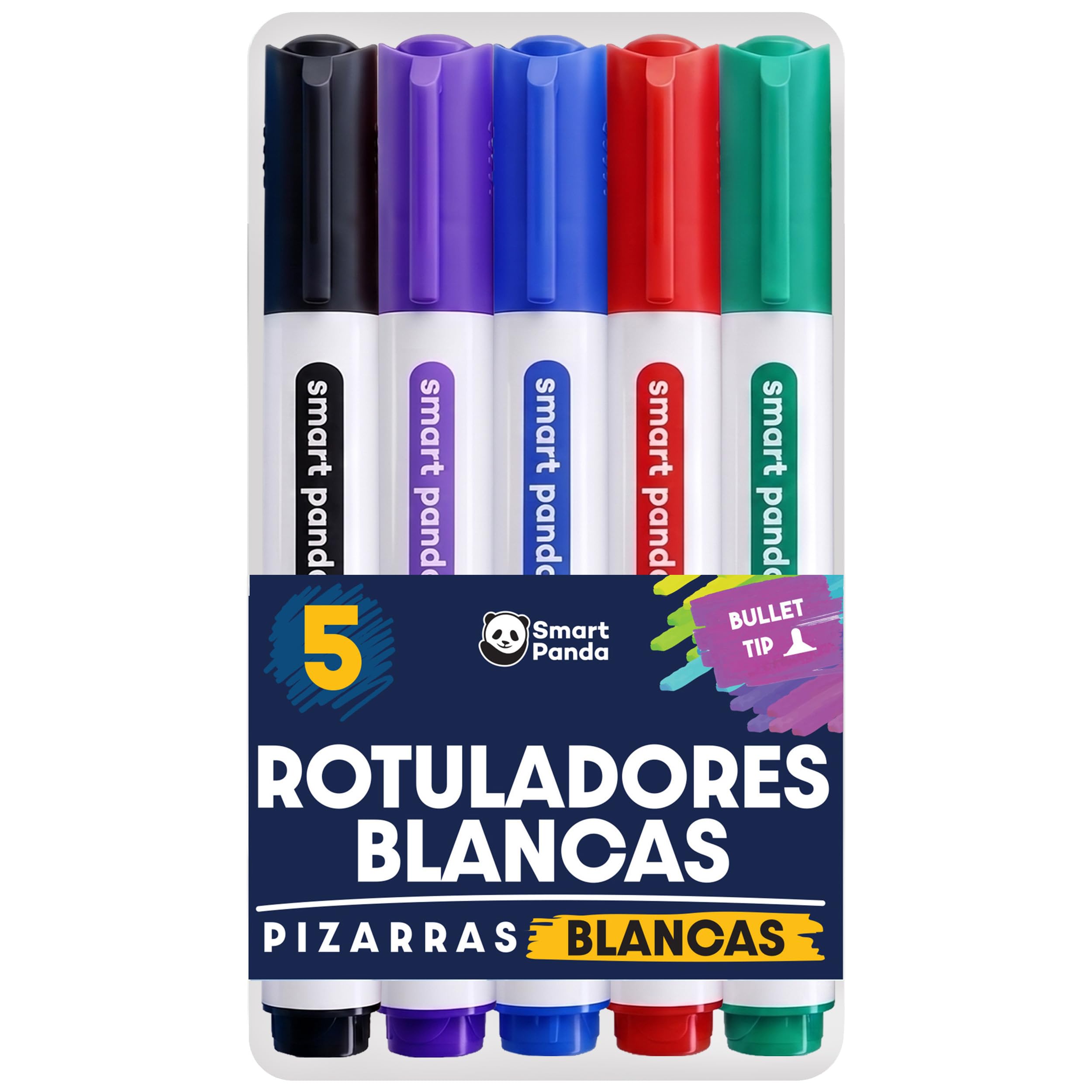 Rotuladores para Pizarra Blanca de SmartPanda – Punta de Bala – Borrado Seco, Ideal para el Hogar, Escuela u Oficina – Juego de 5 Colores Variados