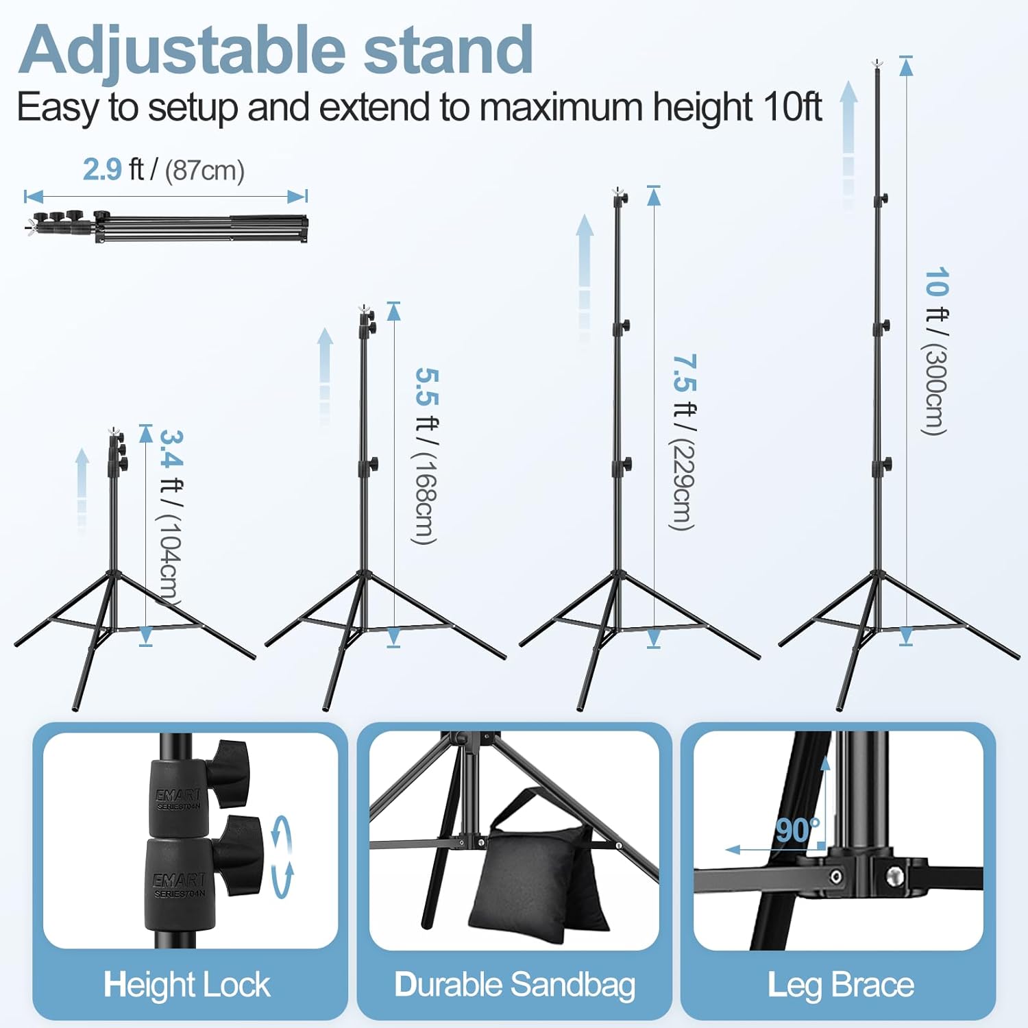 EMART 10x10FT Backdrop Stand, Photo Studio Back Drop Adjustable Stand with 6 Backdrop Clamps,2 Sandbags and Carry Bag,Heavy Duty Background Support System Kit for Photography,Parties,Wedding,Video