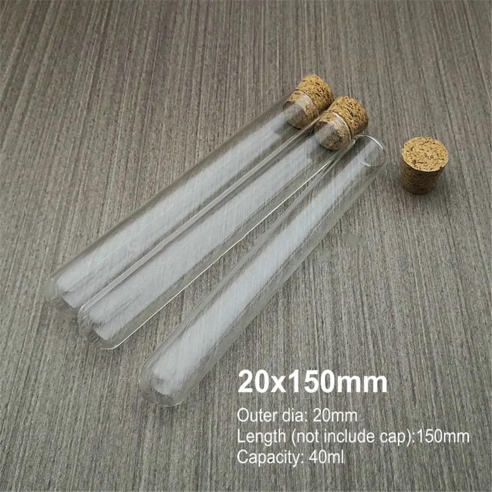Tubo de vidrio de laboratorio de 20 mm de diámetro exterior, fondo redondo, espesado, reactivo de vidrio con tapón de corcho.(20x150mm 20pcs)