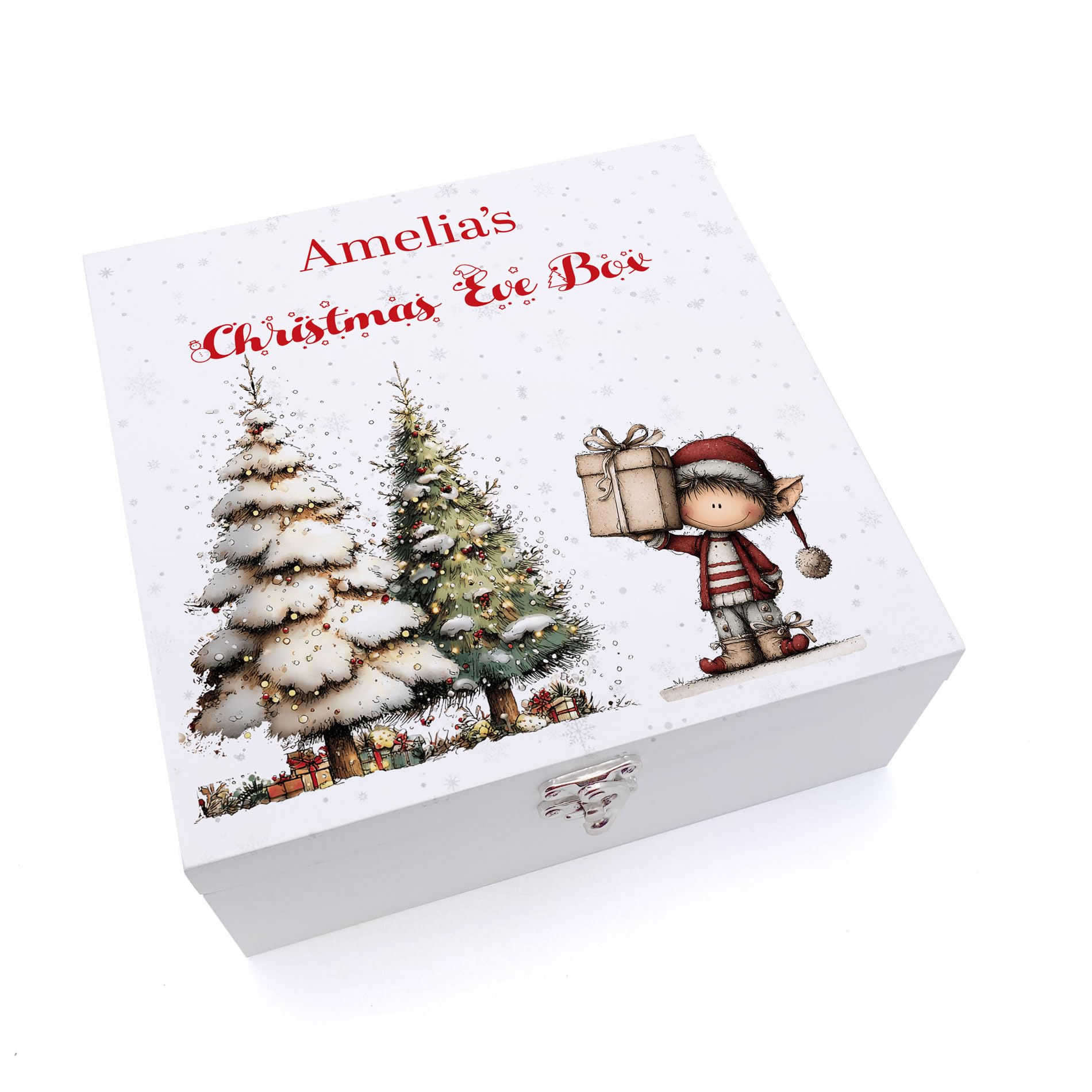 Personalised White Christmas Eve Box, Wooden and Ribbon Storage Box with Santa & Reindeer, Elf, Teddy Bear, Snowman Designs, Medium and Large Sizes, Christmas Keepsake Memory Box (Elf 4)