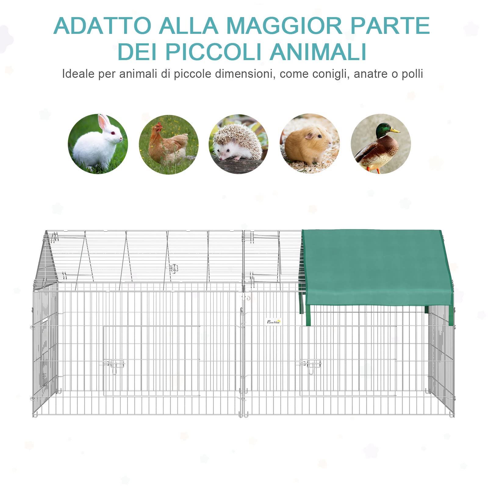 PawHut Recinto per Animali con Telo di Copertura, Recinzione in Acciaio con Porte per Galline e Conigli, 220x103x103cm