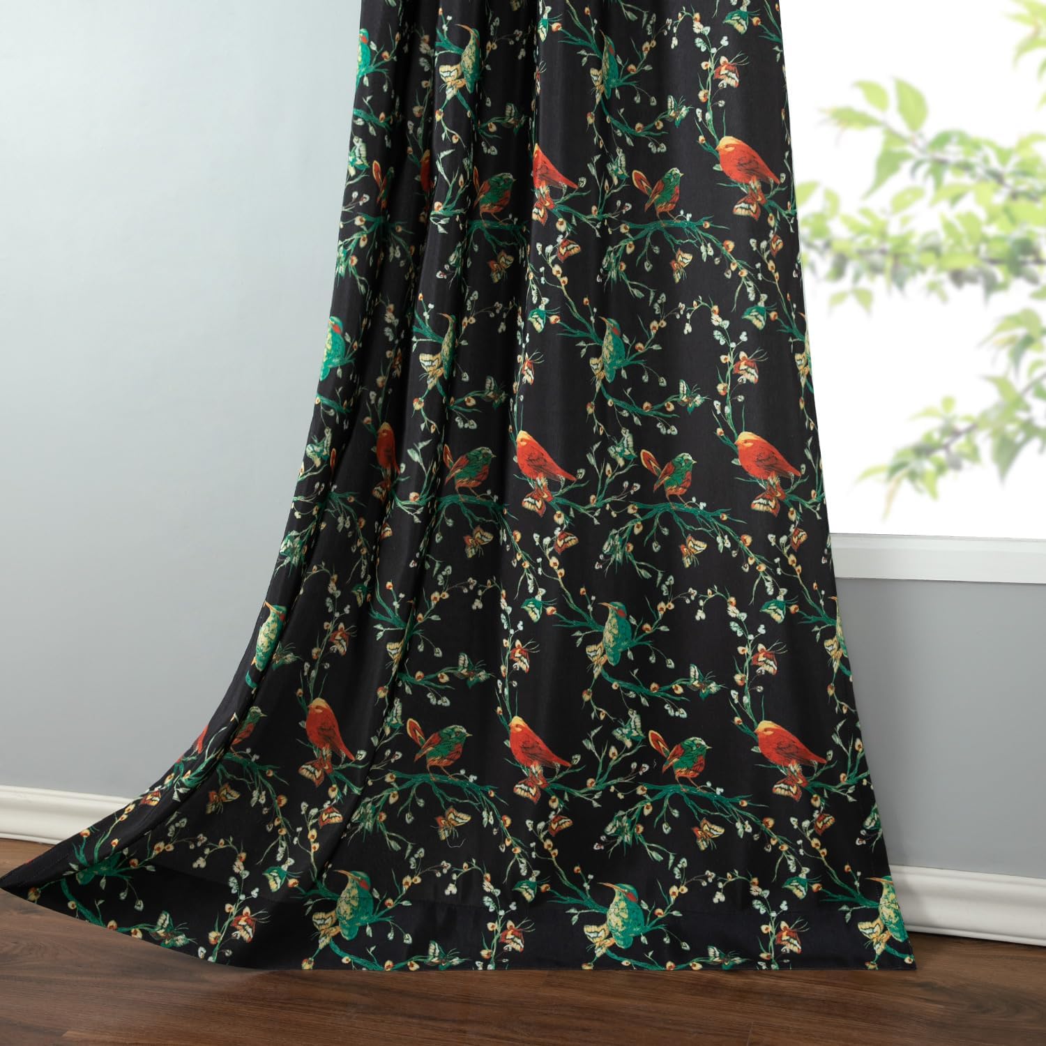 Leeva Faux Linen Curtains for Bedroom, Vivid Birds and Branch Window Treatment Sets 63 Inches Long, Printed Grommet Drapes for Studio Cafe Dining Room, W 52 x L 63, Black Black 52"W x 63"L (Pack of 2)