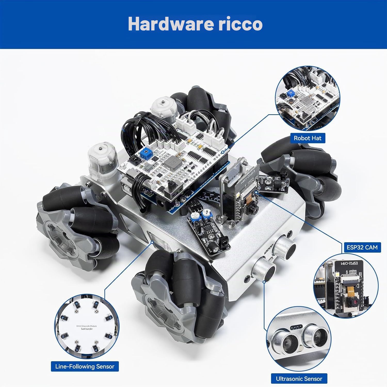 SunFounder Kit Robot Intelligente per Auto Compatibile con Arduino UNO R3, Movimento Omnidirezionale 4WD, FPV, ESP32 CAM, APP Controllo Remoto, ecc., Kit Robotico Educativo per Adulti