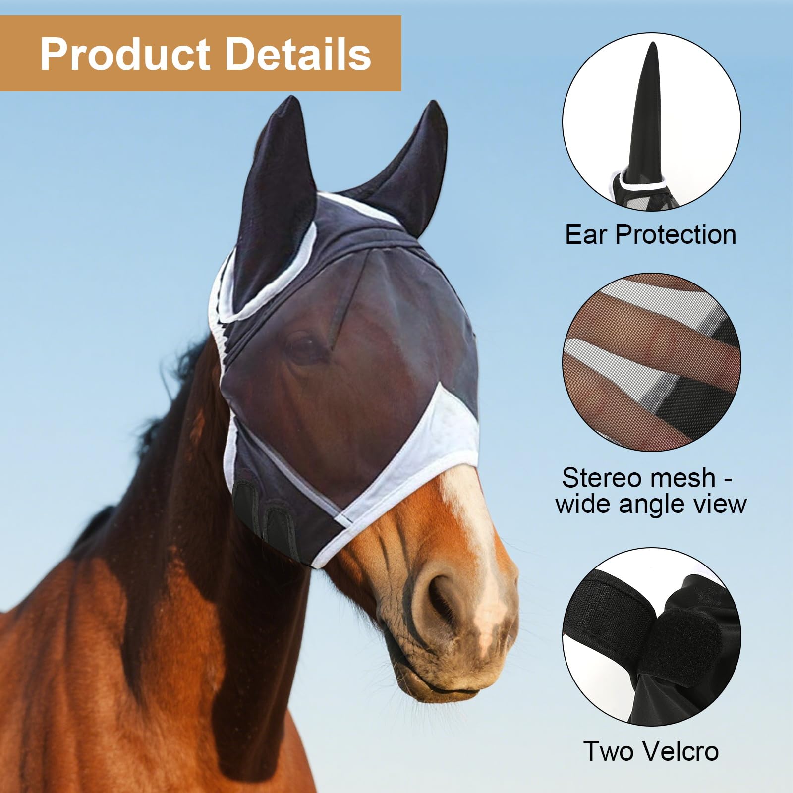 Máscara de mosca para caballo con protección UV, orejas de mosca, respirabilidad