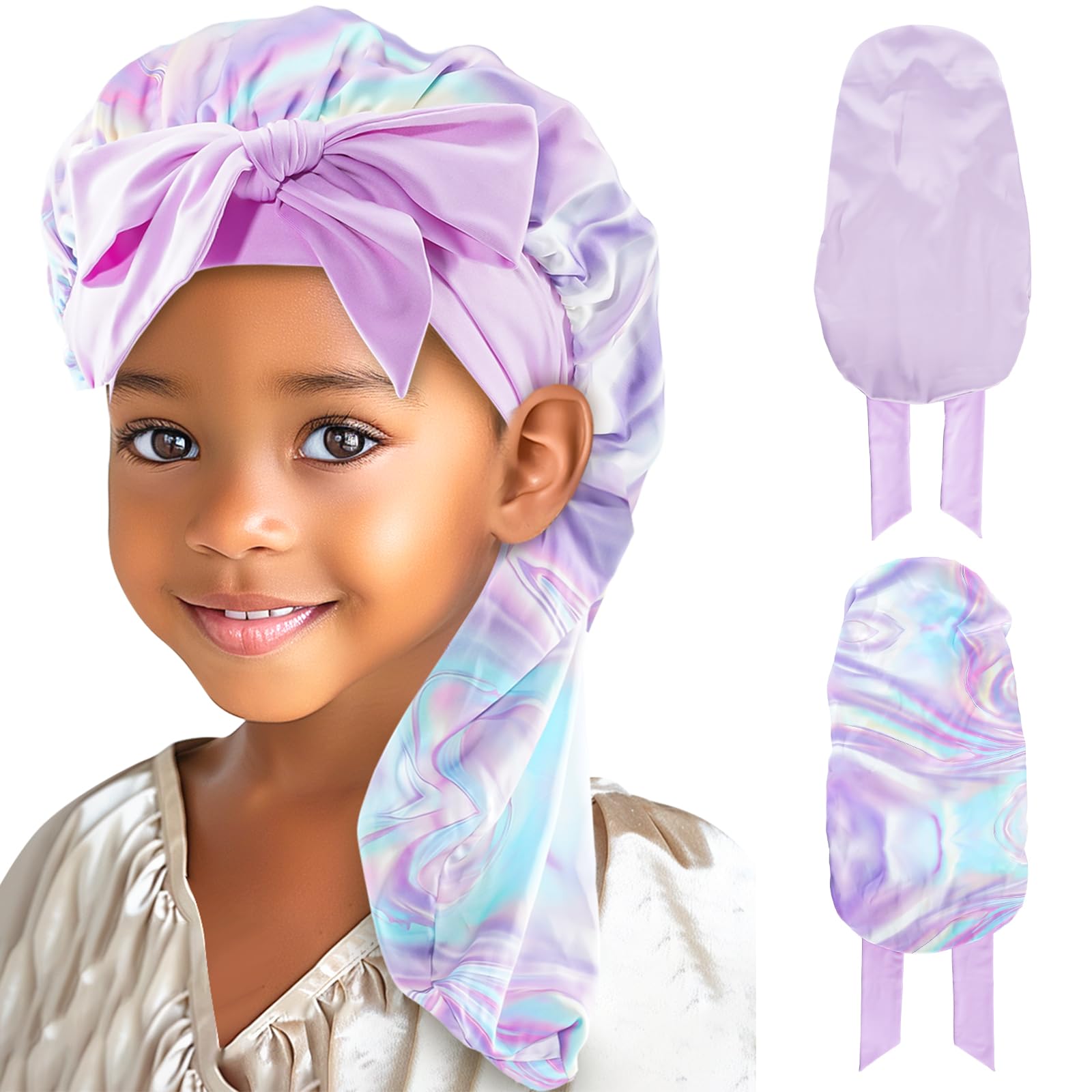 Lolalet Kids Bonnets for Girls, Long Silk Bonnet for Sleeping Kids Satin Bonnet Cap with Tie Band for Dreadlocks Braid Afro Curly Hair -2 PCS, Laser &