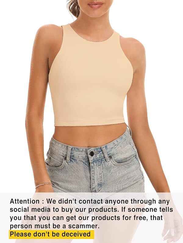 Yeawinta Crop Tank Top for Women Workout Shirts Cropped Tanks Sleeveless Gym Clothes Yoga High Neck Crop Top 2 Pack Black/Nude M by Yeawinta - Used condition - Image 3