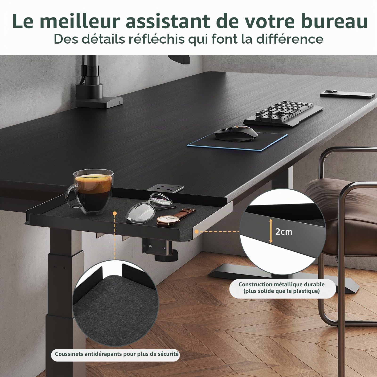 Plateau de Bureau à Pince | Compatible Bureau 60mm | 15kg Capacité| Solution & Télétravail | Structure Acier Noir (30,4x22,7cm)