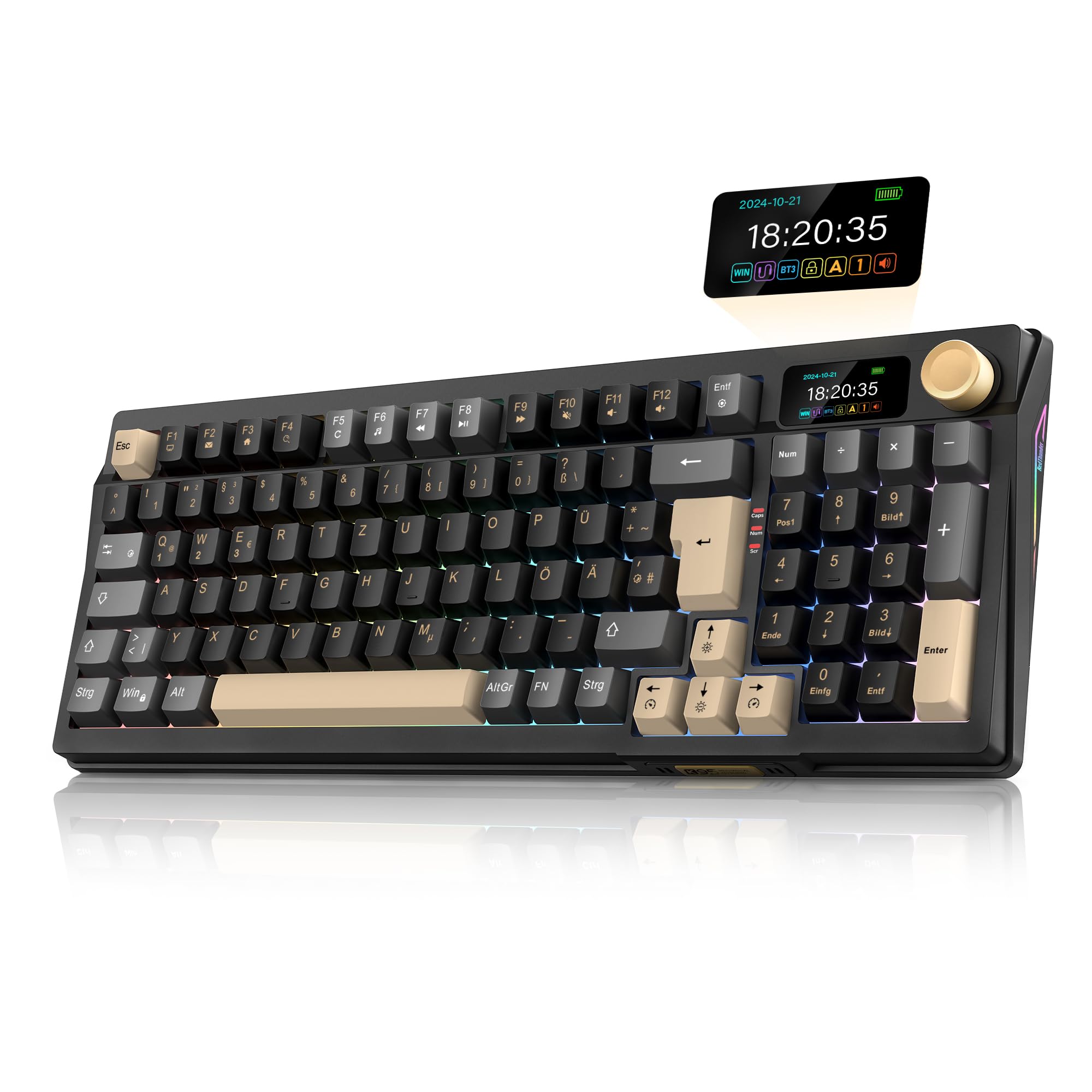 RedThunder K95 Wireless Mechanical Gaming Keyboard with 1.88 Inch Display & Button, DE Layout, Shock and Noise Absorbing Gasket, BT/USB-C/2.4GHz, Software, Hot-swappable, Linear Switch, 8000mAh